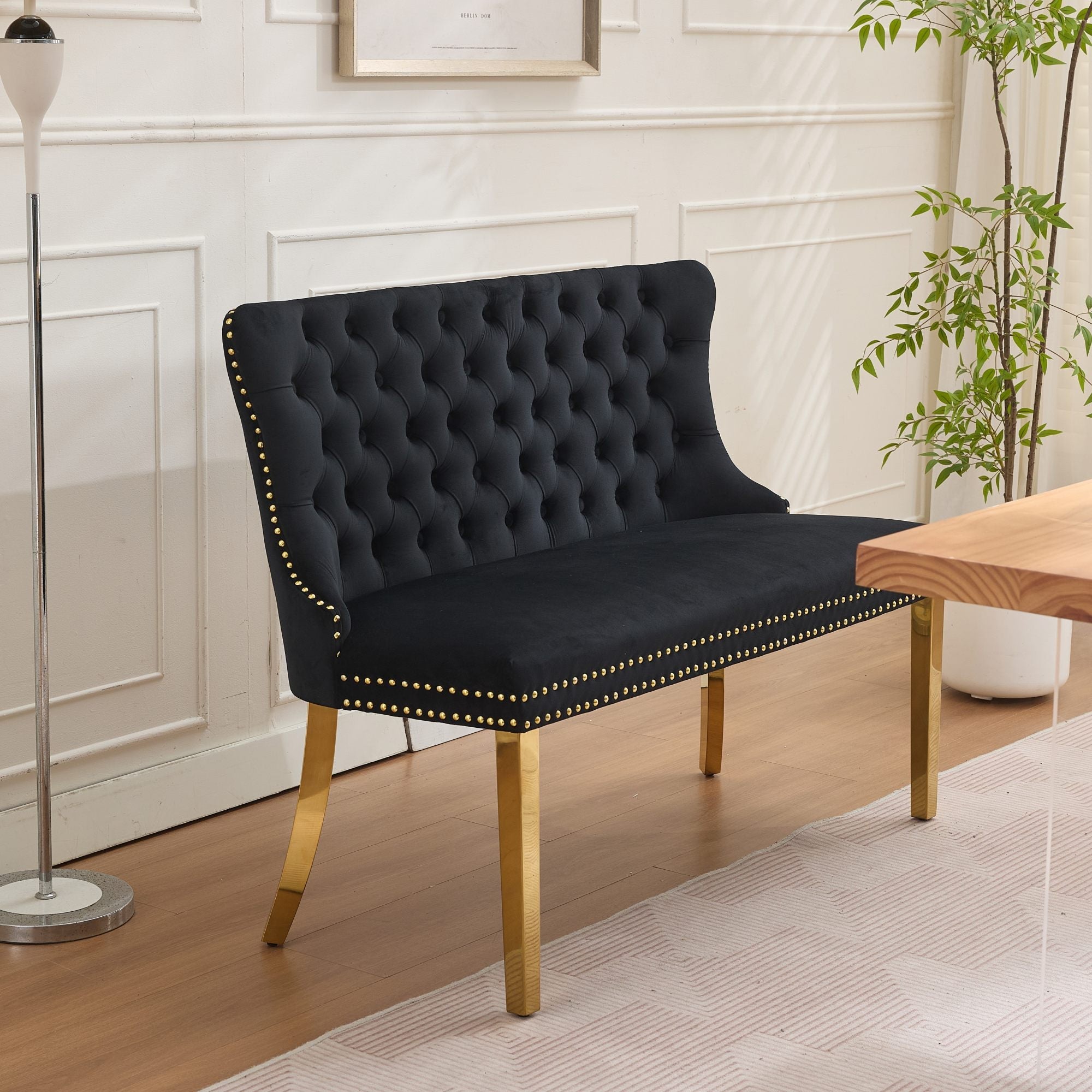 Velvet Dining Loveseat Bench, 2-Seat Tufted Wing Back Gold-Plated Steel Legs, Black Velvet