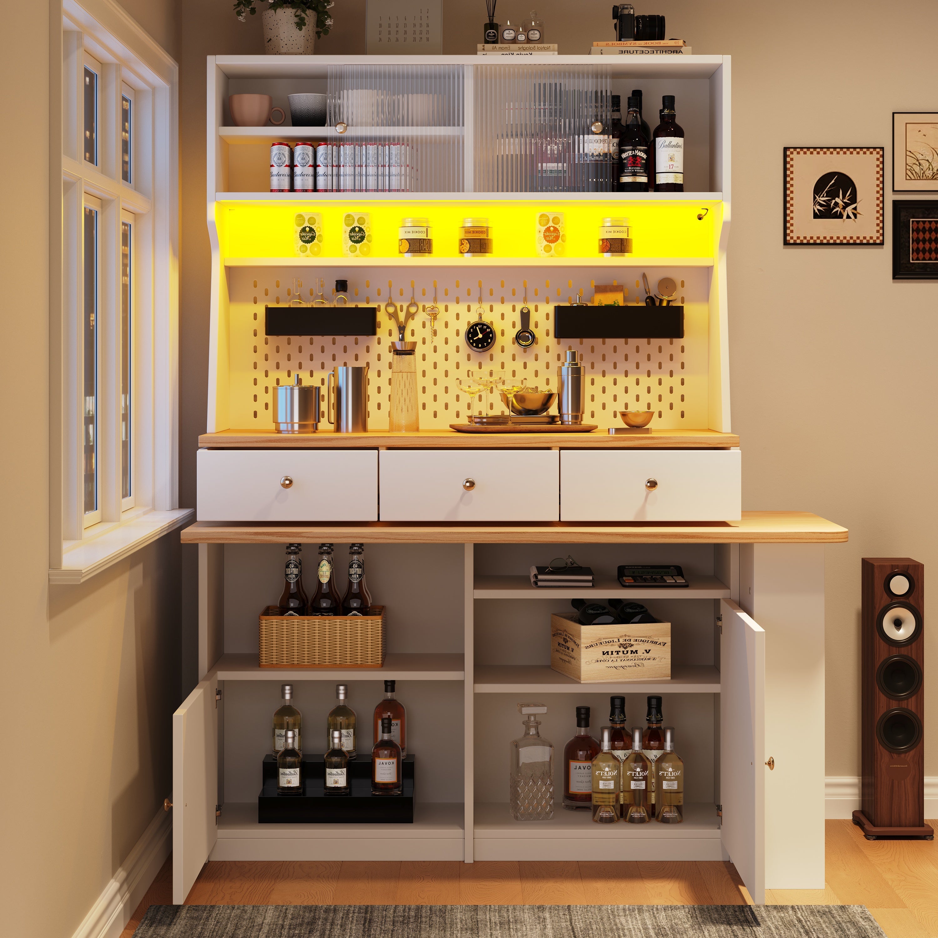 Kitchen Cabinet Tall Buffet with 2 Doors, 3 Drawers, 137x45x178cm, White