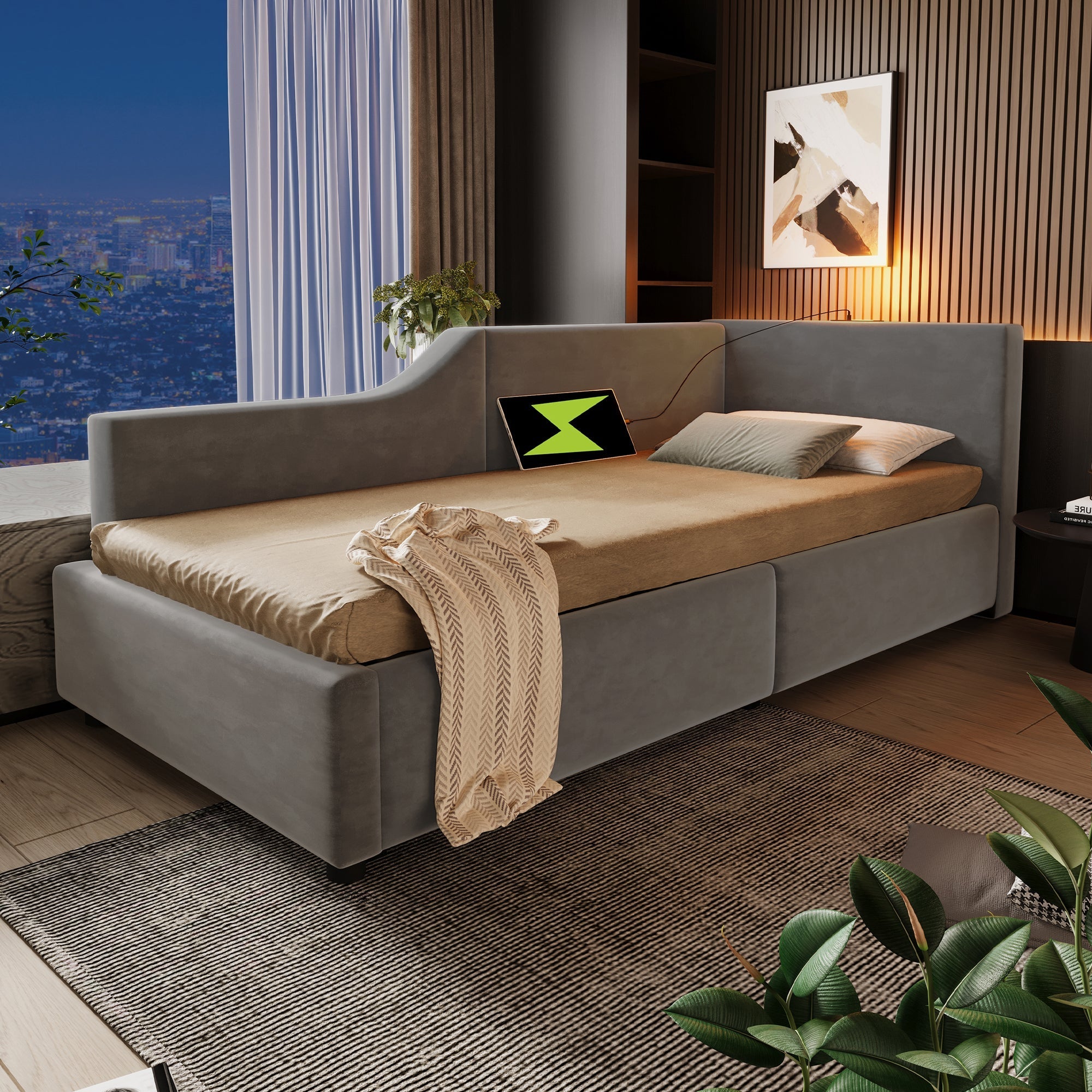 Upholstered Daybed 90x200cm, Sofa Bed with Hydraulic Storage, Reading Light, USB-C, Velvet Grey