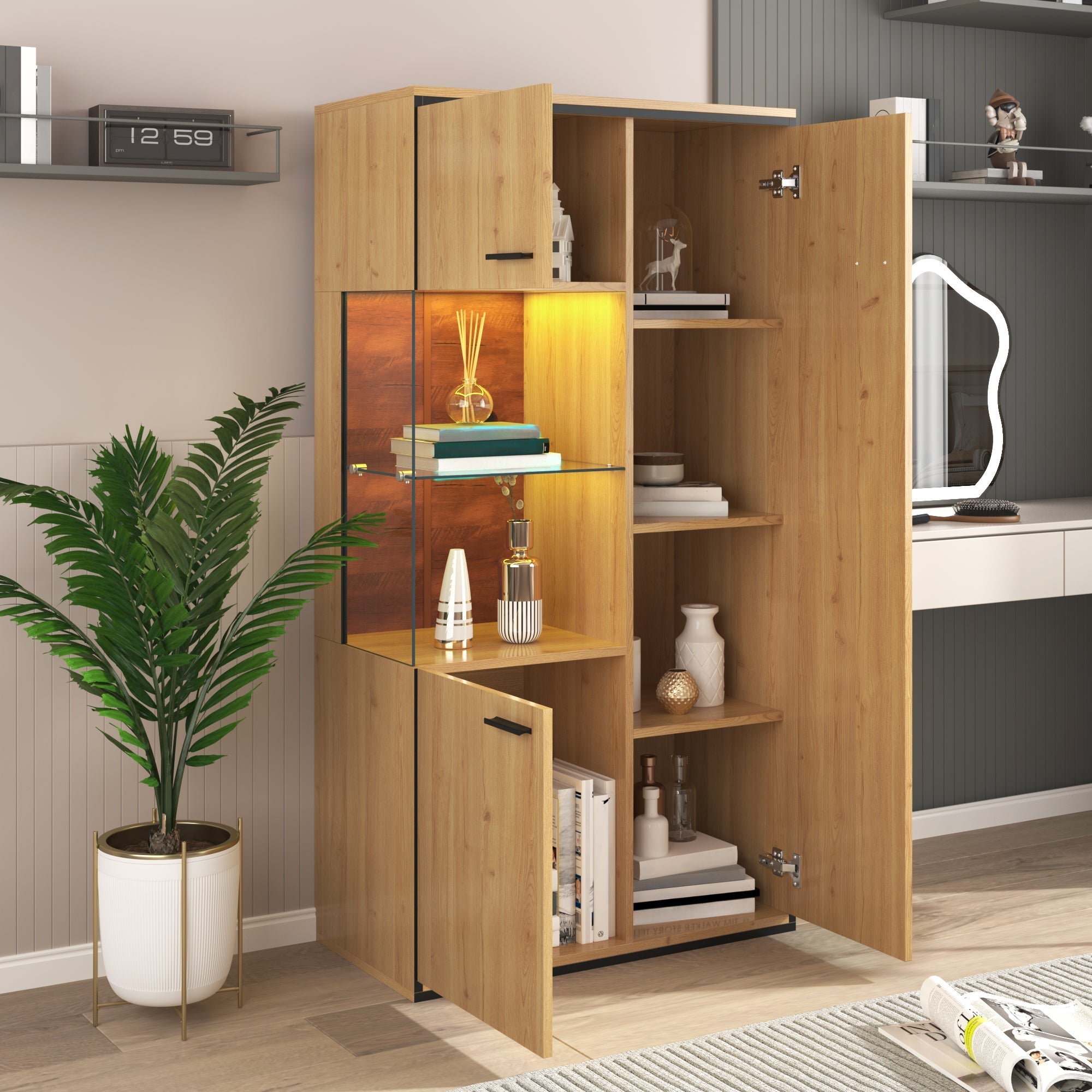 Display Cabinet, 150Hcm LED Glass Multi-Purpose, 15 Color Options