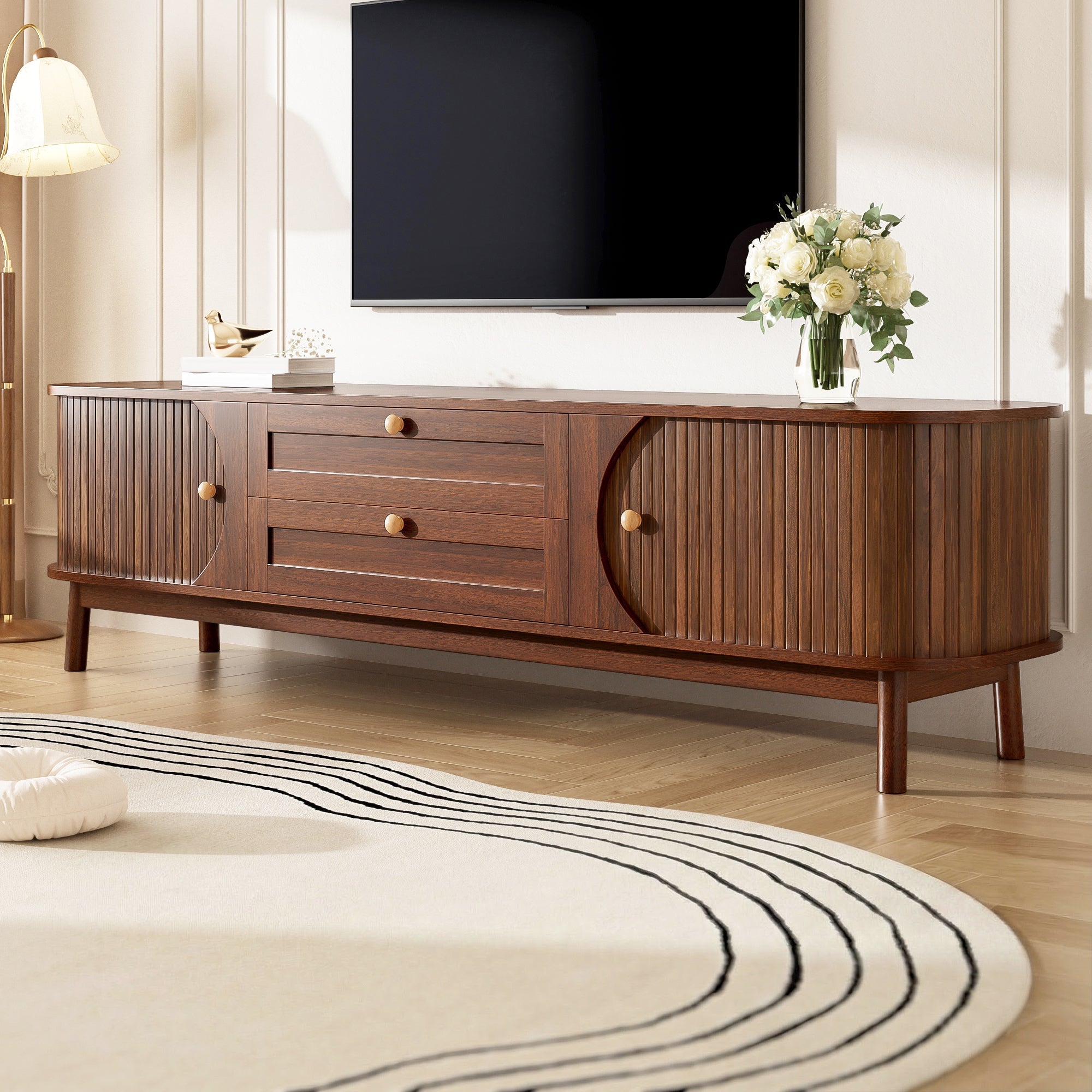 Modern TV Cabinet with Drawers, Storage, & Rounded Corners, Wood Look