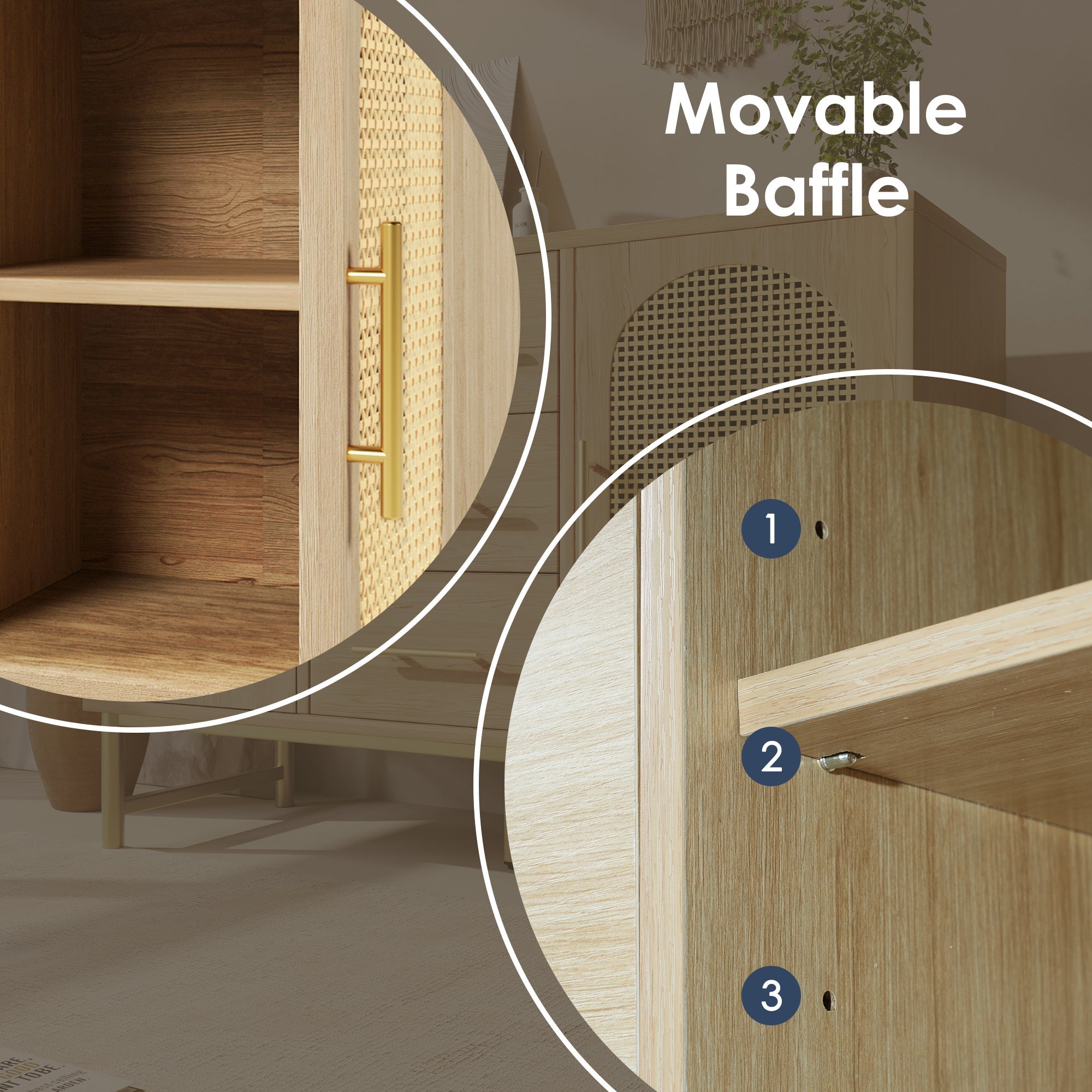 Rattan Sideboard Storage Cabinet with 2 Doors & 3 Drawers, Metal Handles, Adjustable Shelves, Oak