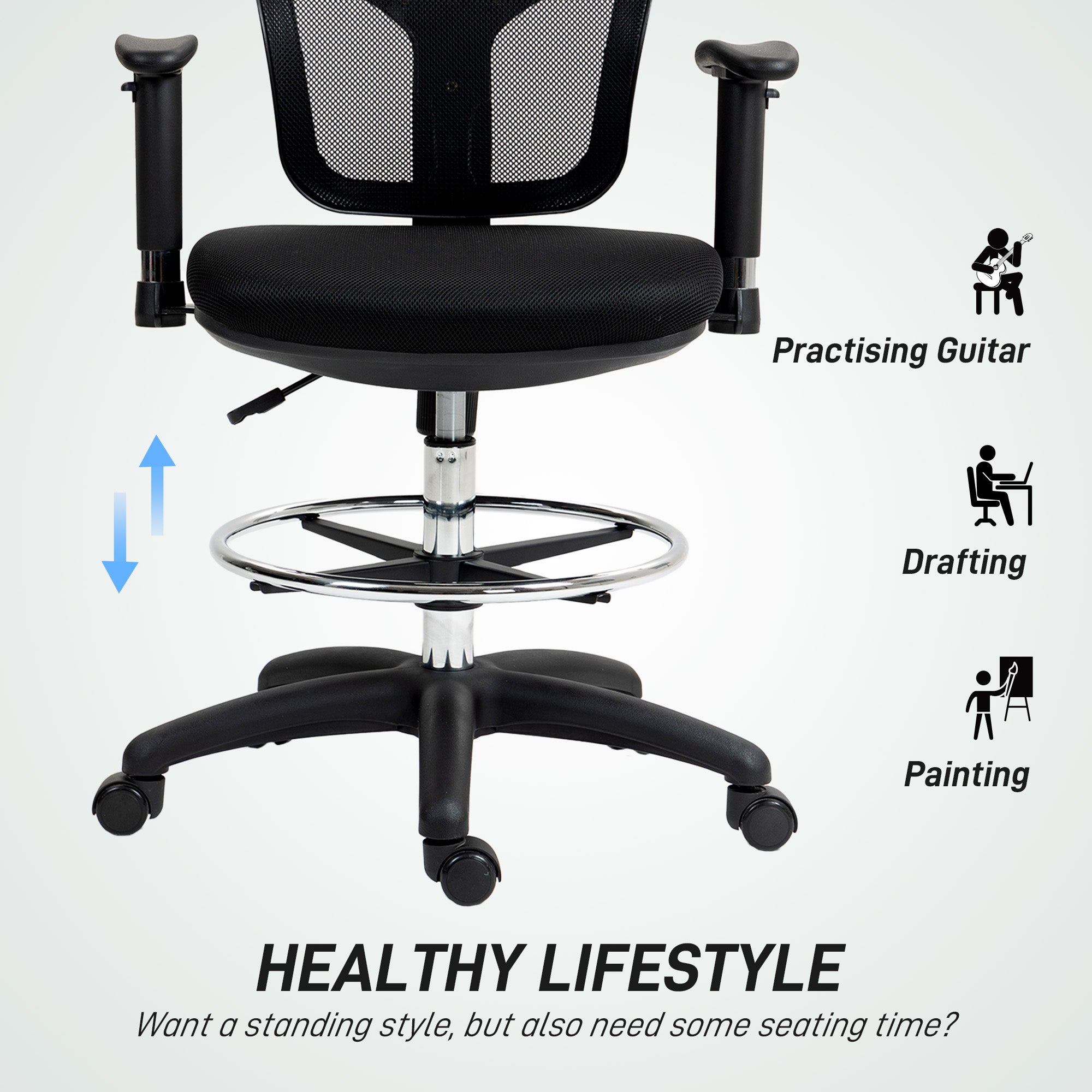 Drafting Chair Adjustable Armrests Ergonomic Mesh Black