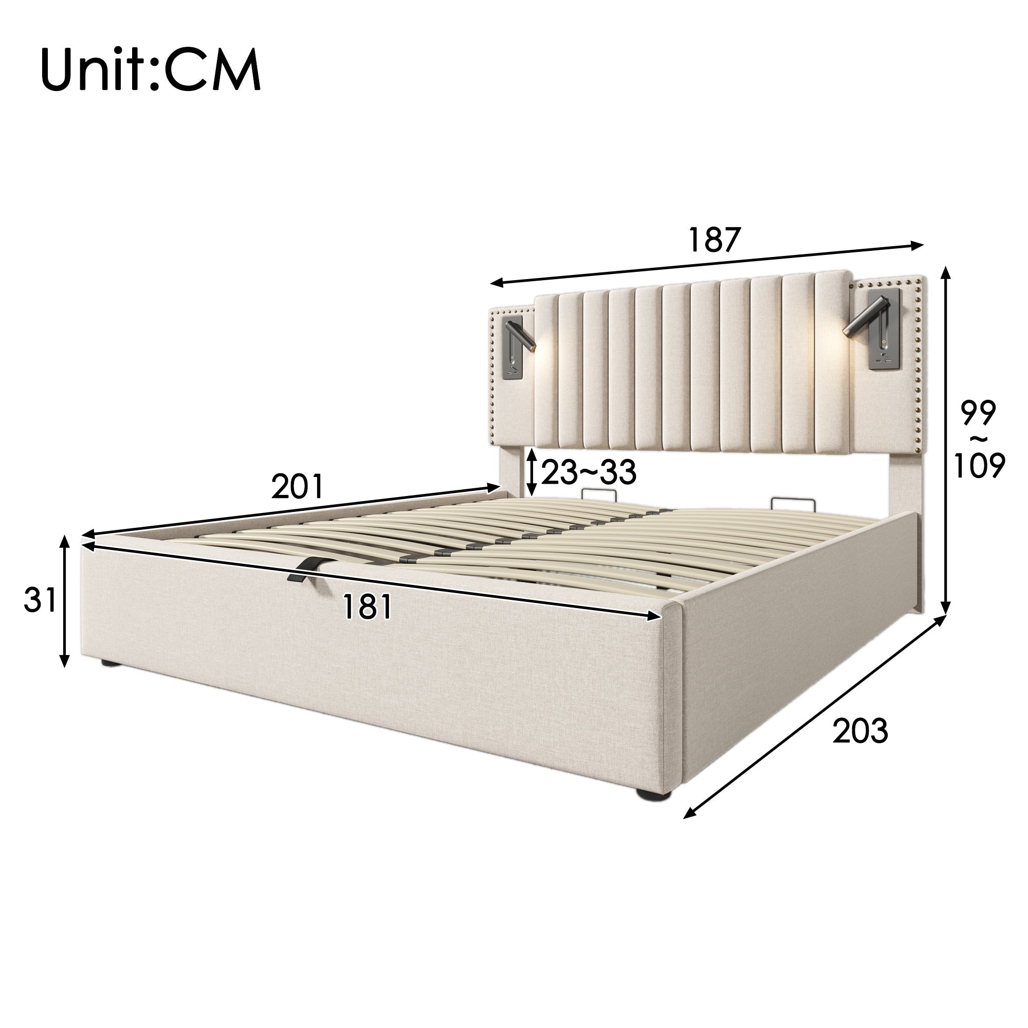Upholstered Double Bed 180x200 with Storage, Bed Box and USB Reading Light, Beige Cotton