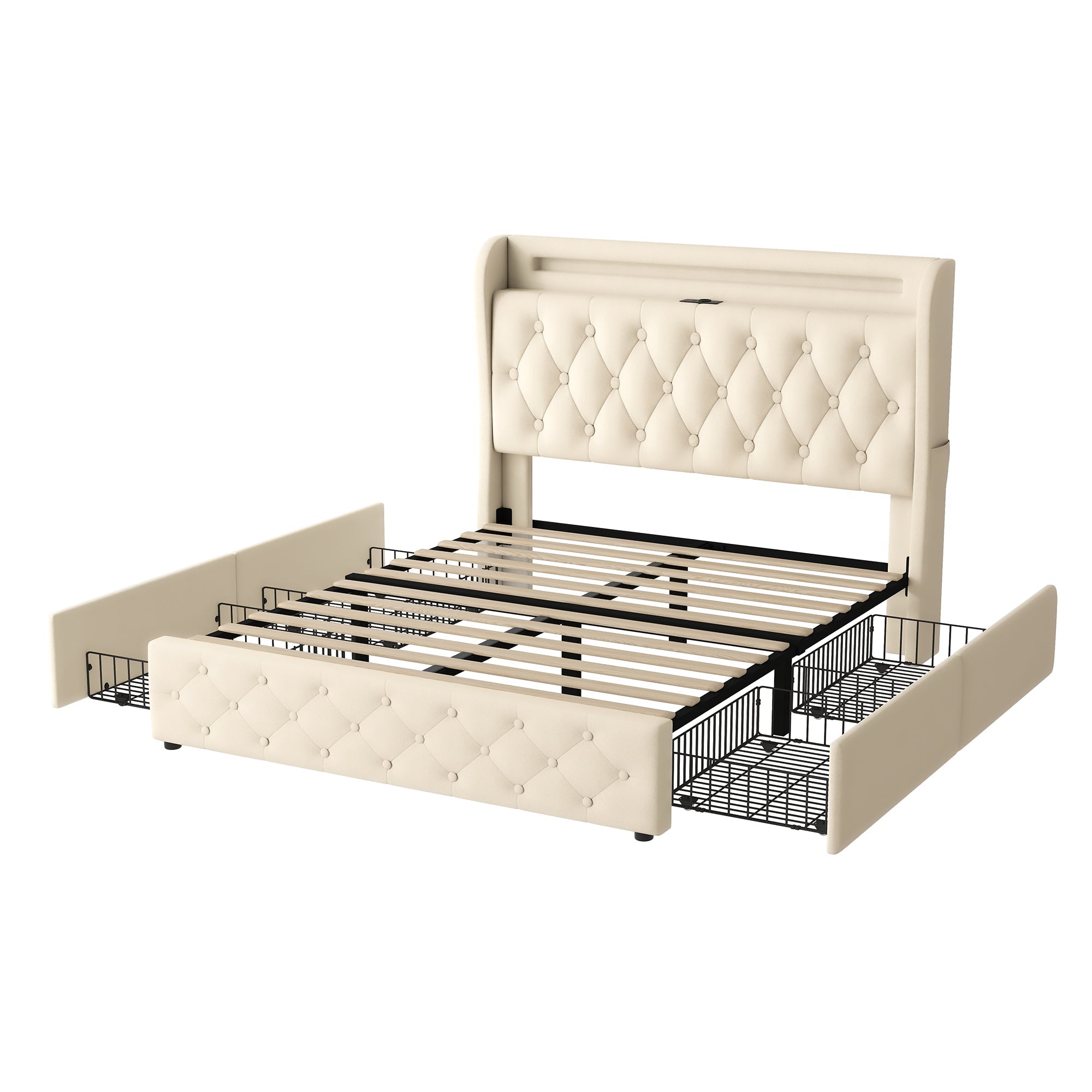 Upholstered Bed 140x190cm LED USB Headboard Storage 4 Drawers - Velvet