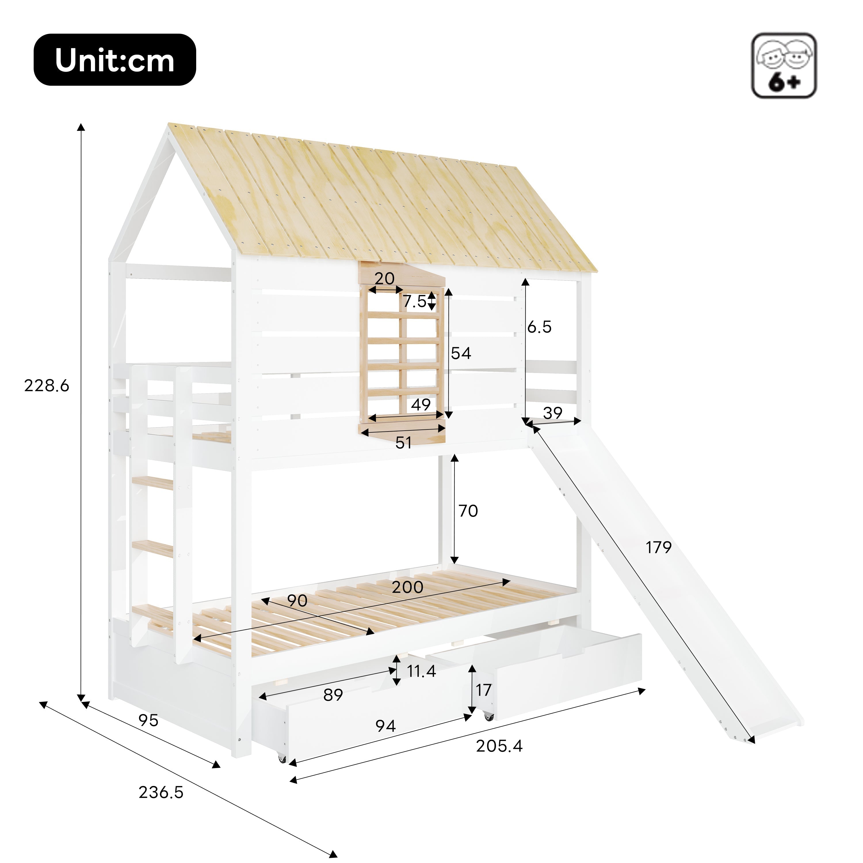 House Bunk Bed with Slide and 2 Storage Drawers, 90x200cm, White and Natural