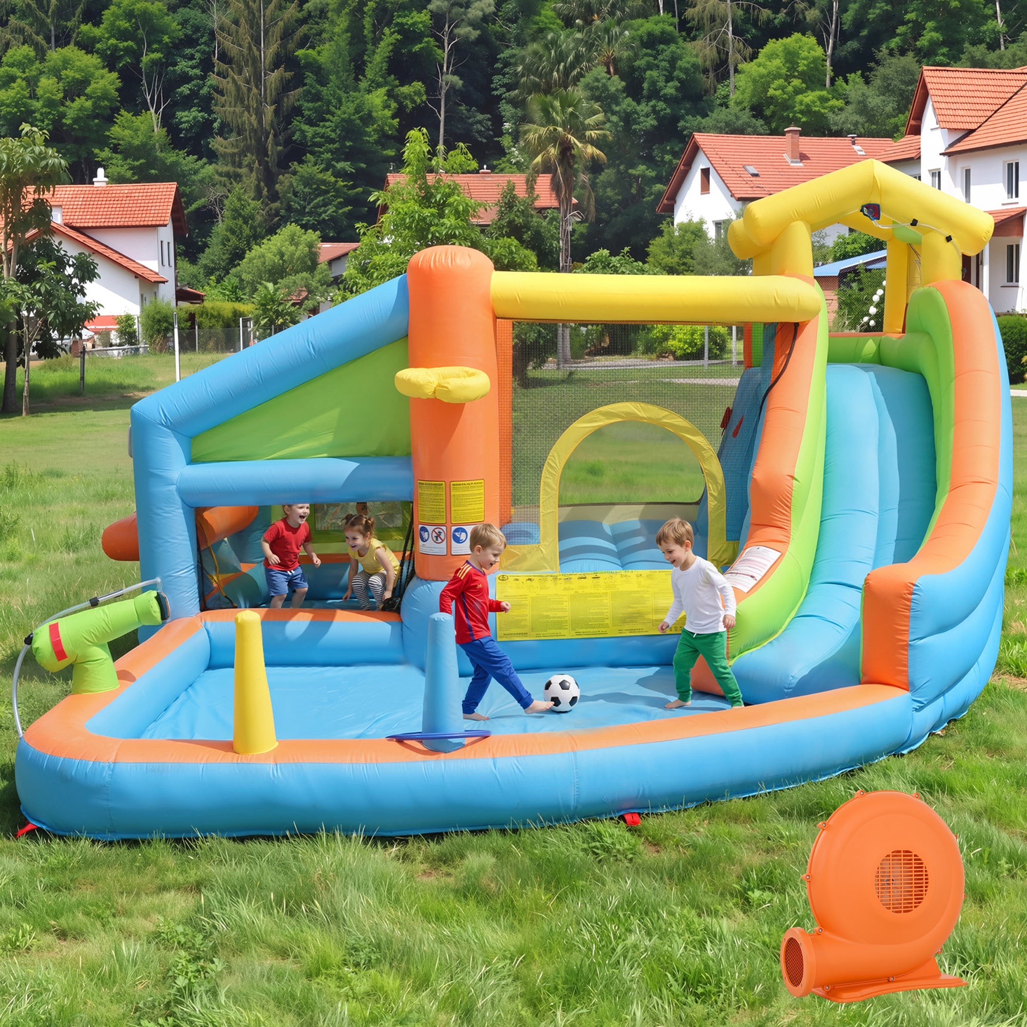 Children's Bouncy Castle and Inflatable Water Park with Blower, Slide and Basketball Hoop, 360x350x210cm, Oxford Fabric