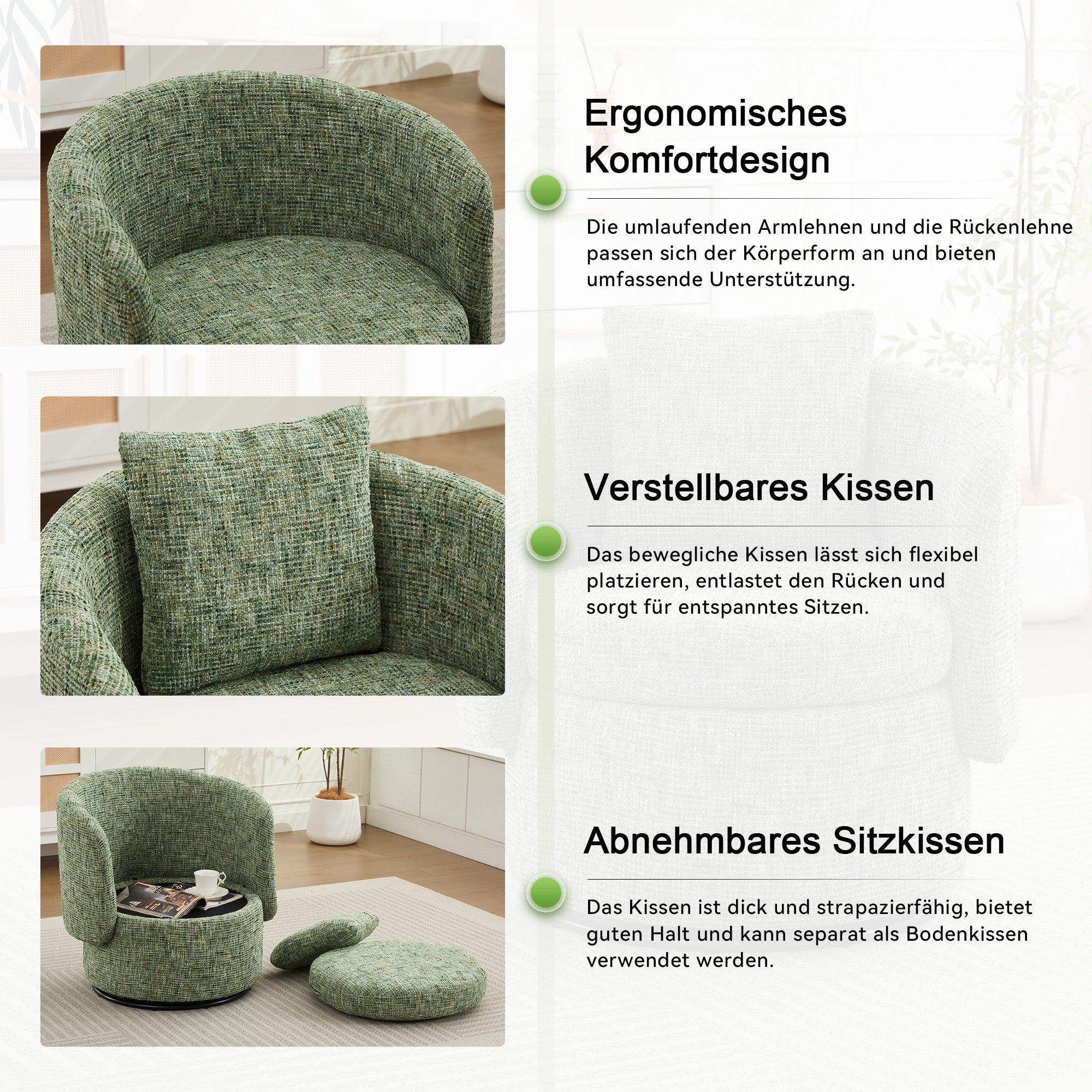 Swivel Armchair 360° Rotating Accent Chair Hidden Storage Plump Cushion Green