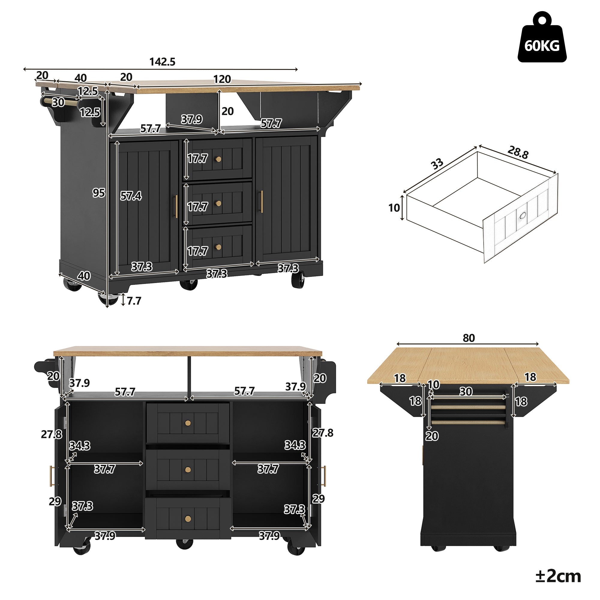 Kitchen Island Sideboard 120cm Extendable Trolley Towel Rail Spice Rack 2 Doors 3 Drawers Black/White