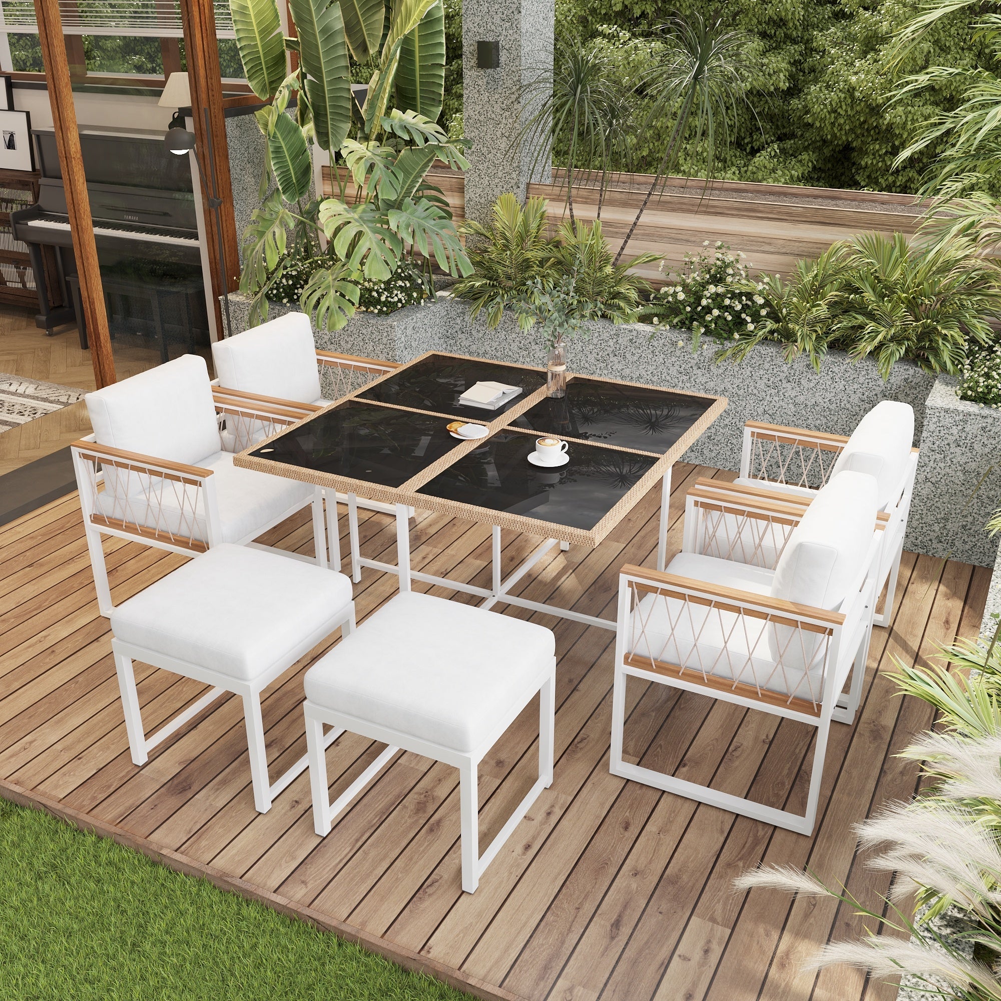 7-Piece Garden Furniture Set 6-Seater Tempered Glass WPC - Outdoor