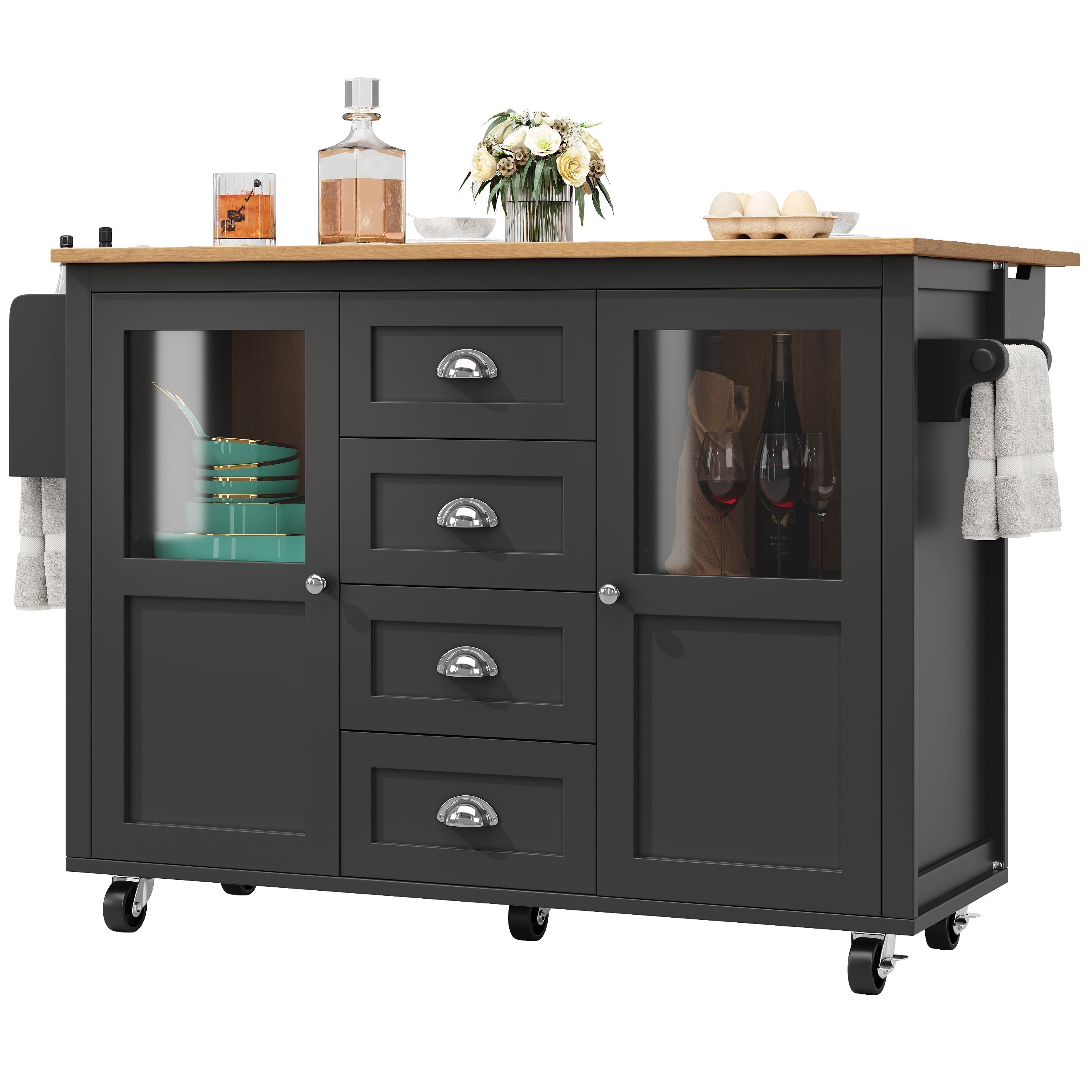 Extendable Kitchen Island Mobile Storage Drawers Spice Rack - White/Black