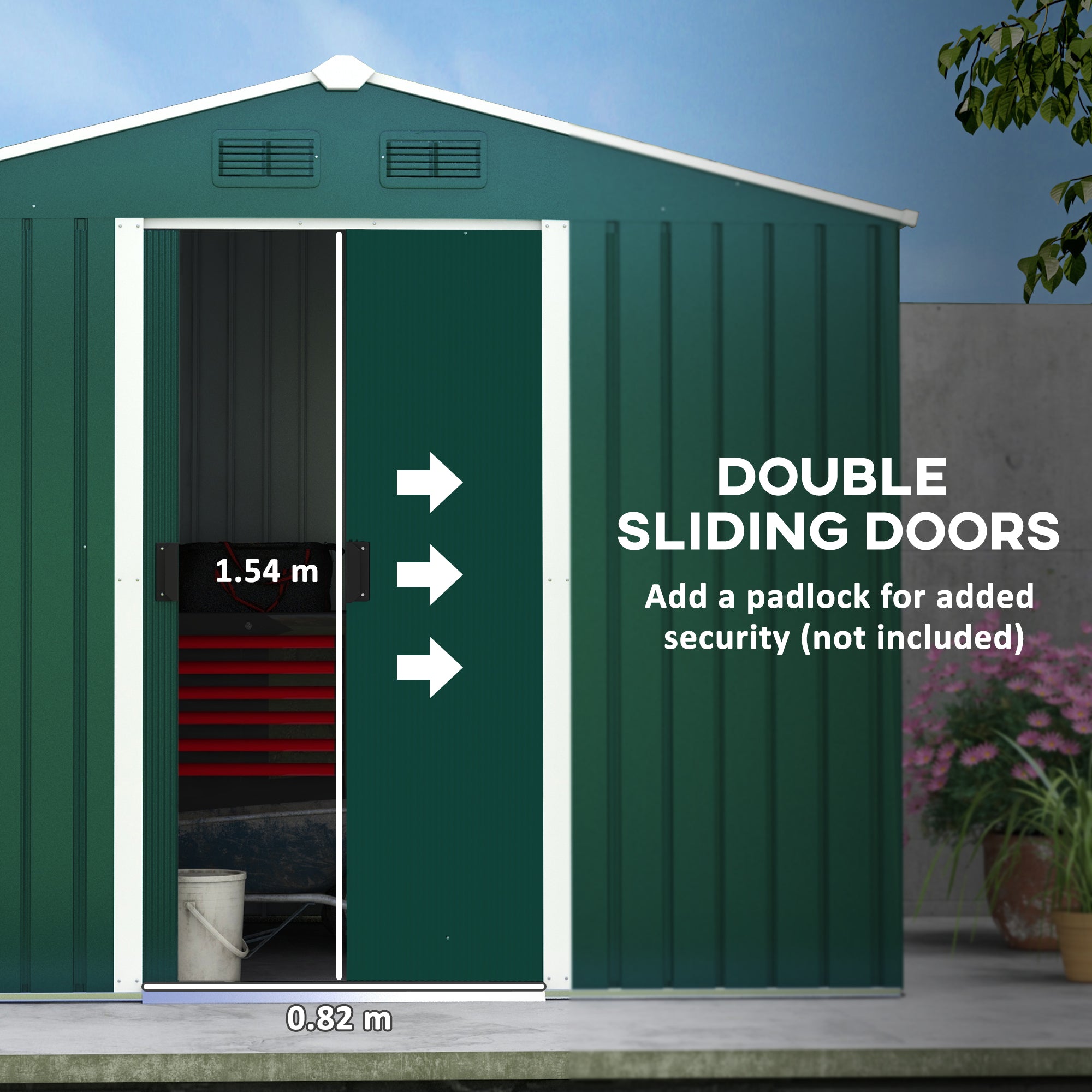 7.7 x 5.7ft Garden Shed, Ventilation Slots Sliding Doors Outdoor Tool Storage, Galvanised Green