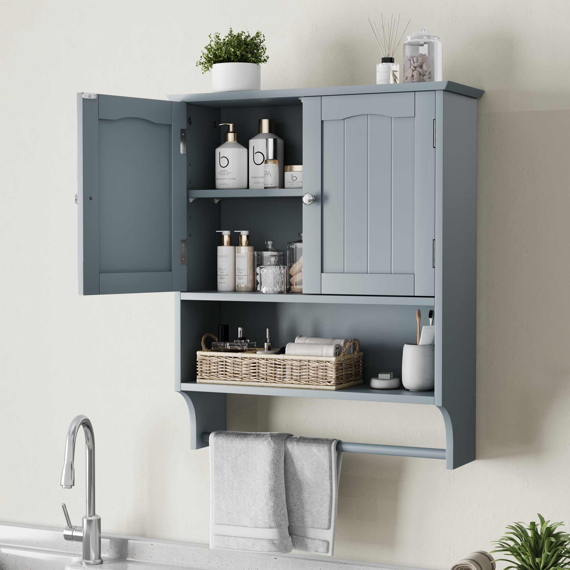 Bathroom Wall Cabinet, 2 Doors, Open Shelves & Towel Rail, Grey
