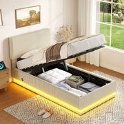 Modern Upholstered Bed with LED Lighting, USB-C and Storage, 90*200 Beige Corduroy