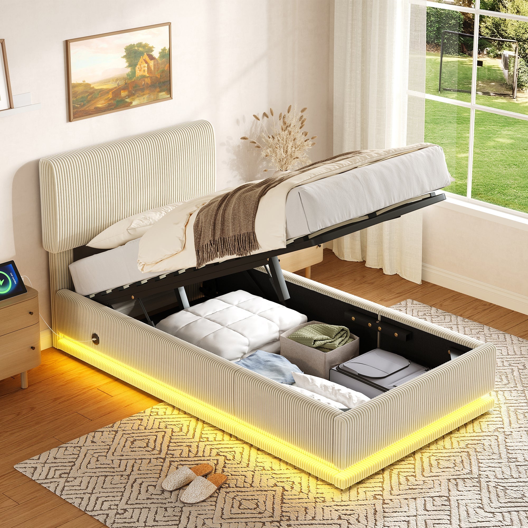 Modern Upholstered Bed with LED Lighting, USB-C and Storage, 90*200 Beige Corduroy