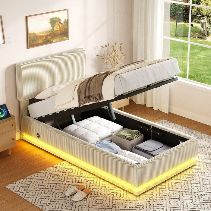Modern Upholstered Bed with LED Lighting, USB-C and Storage, 90*200 Beige Corduroy