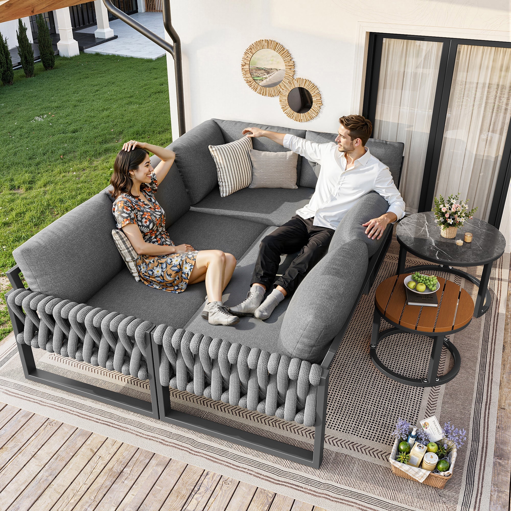 Garden Lounge Set Modular 5-6 Seater Adjustable Legs - Grey