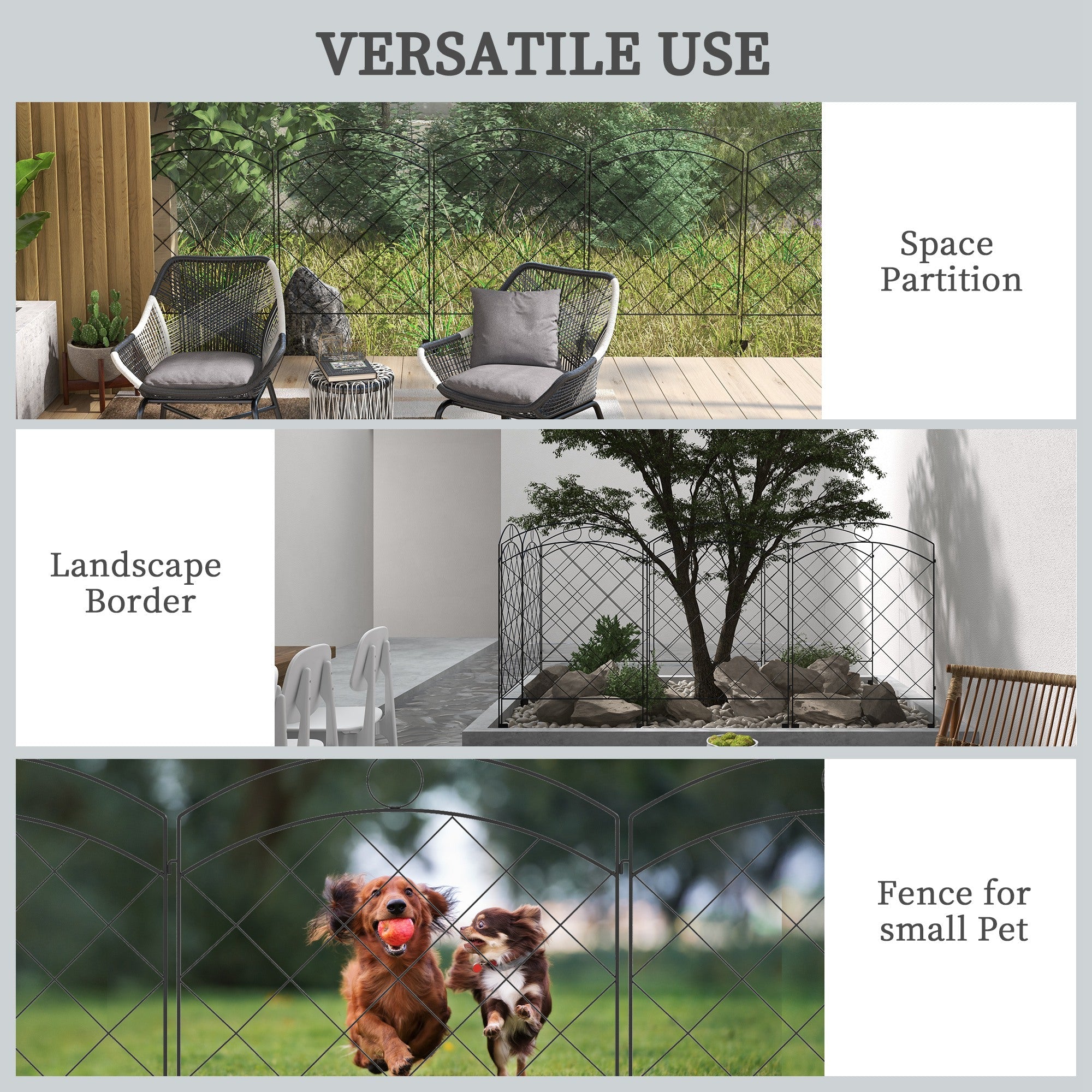 Steel Decorative Picket Fence Panels, Set of 4 Outdoor, Black