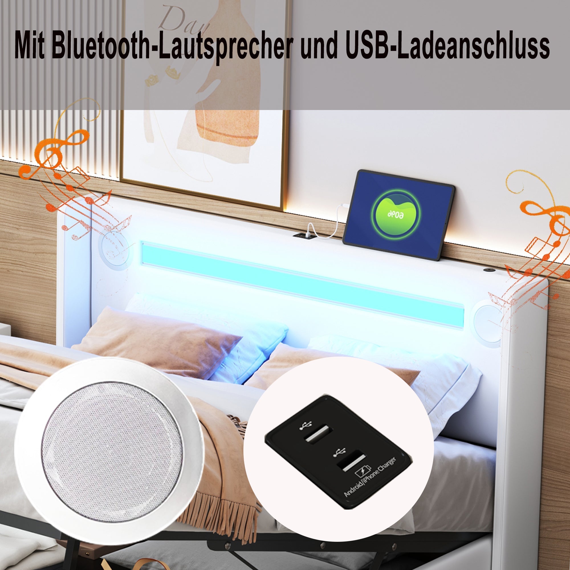 Upholstered Bed 140x200cm, LED & Bluetooth, Storage, White PU Leather