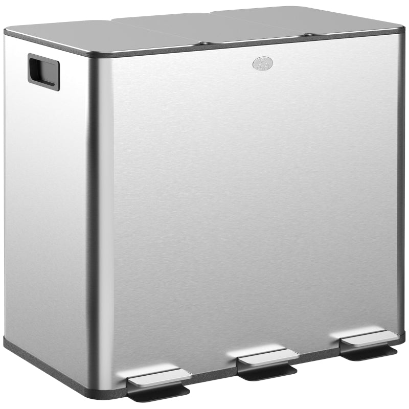 3 x 15L Pedal Bin Triple Kitchen Bin Soft Close Lid Removable Buckets, Silver Tone Steel