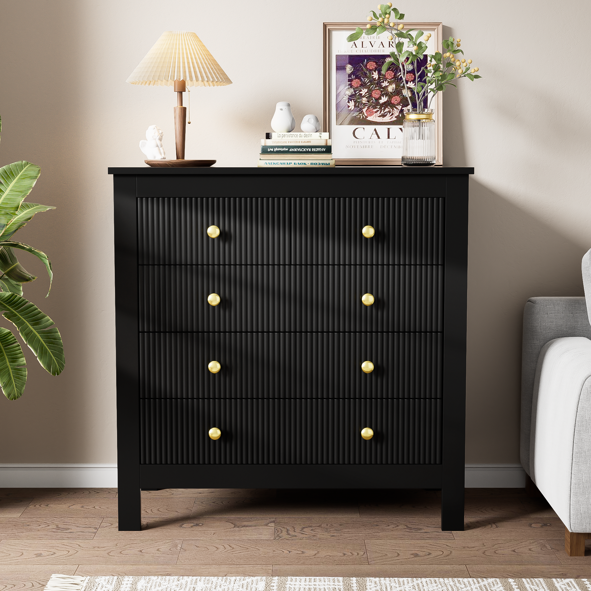 Sideboard, chest of drawers with special doors, gold handles