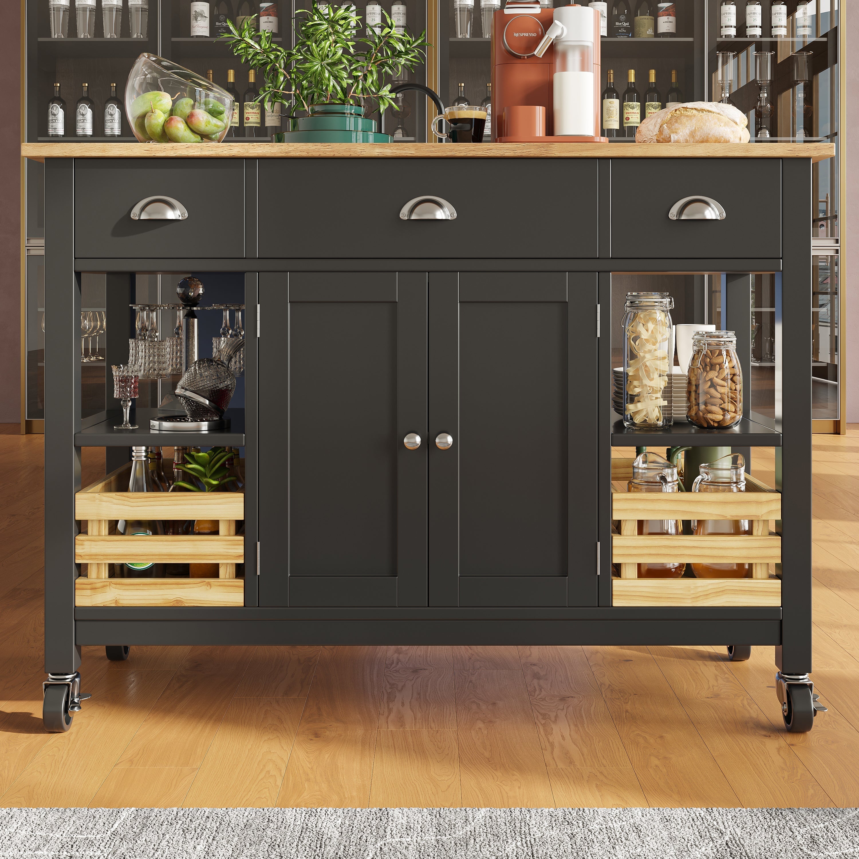 Rolling Kitchen Island Storage Trolley with Large Cabinet, 3 Drawers, Spice Rack, Adjustable Shelf, Dining Room Organiser Sideboard Cupboard Cabinet Cart, Black