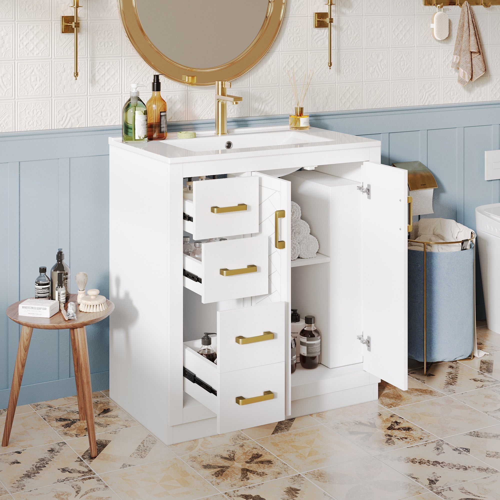 Bathroom Vanity Unit with Ceramic Sink and 3 Drawers, White