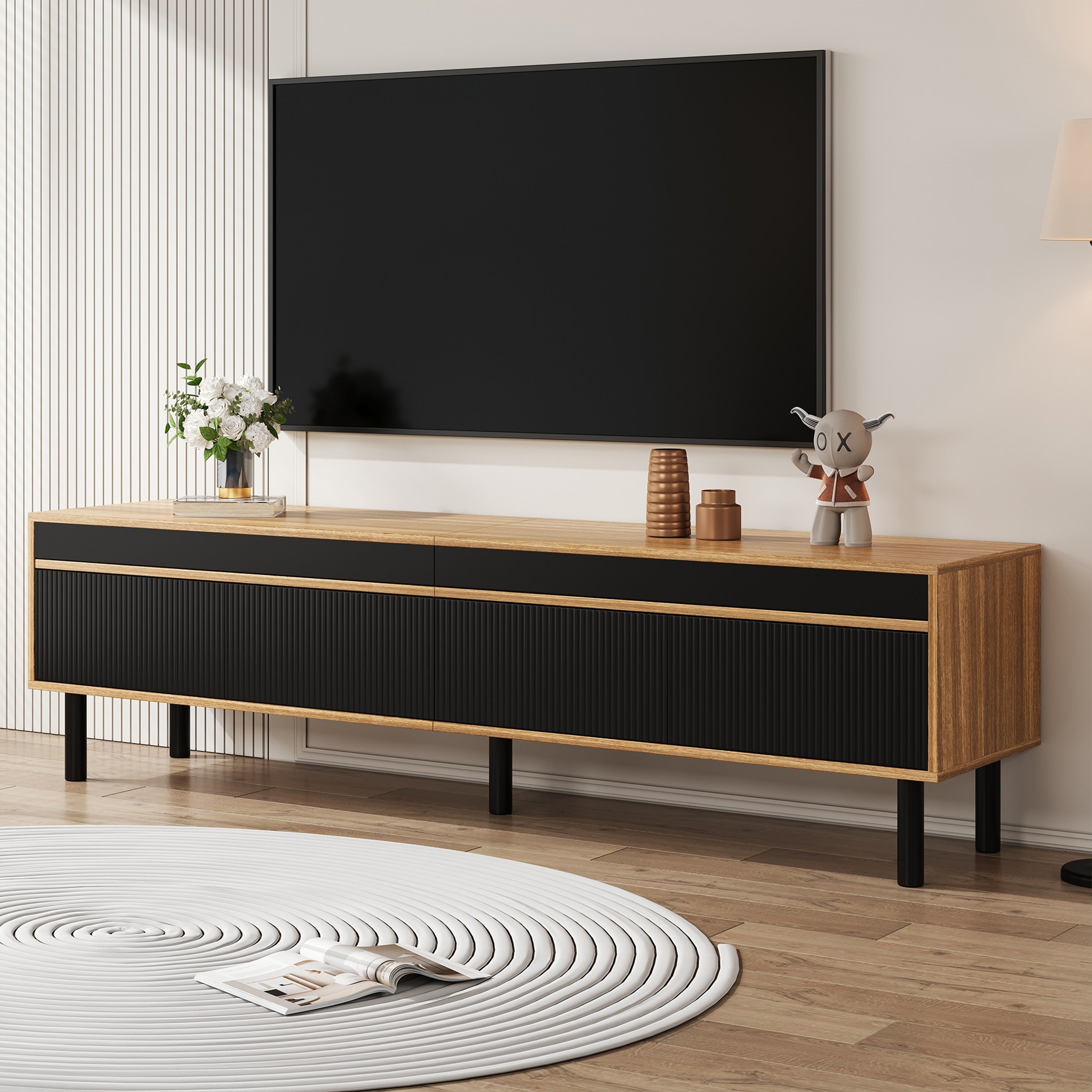 TV Cabinet, Low with Four Doors, Black and Wood