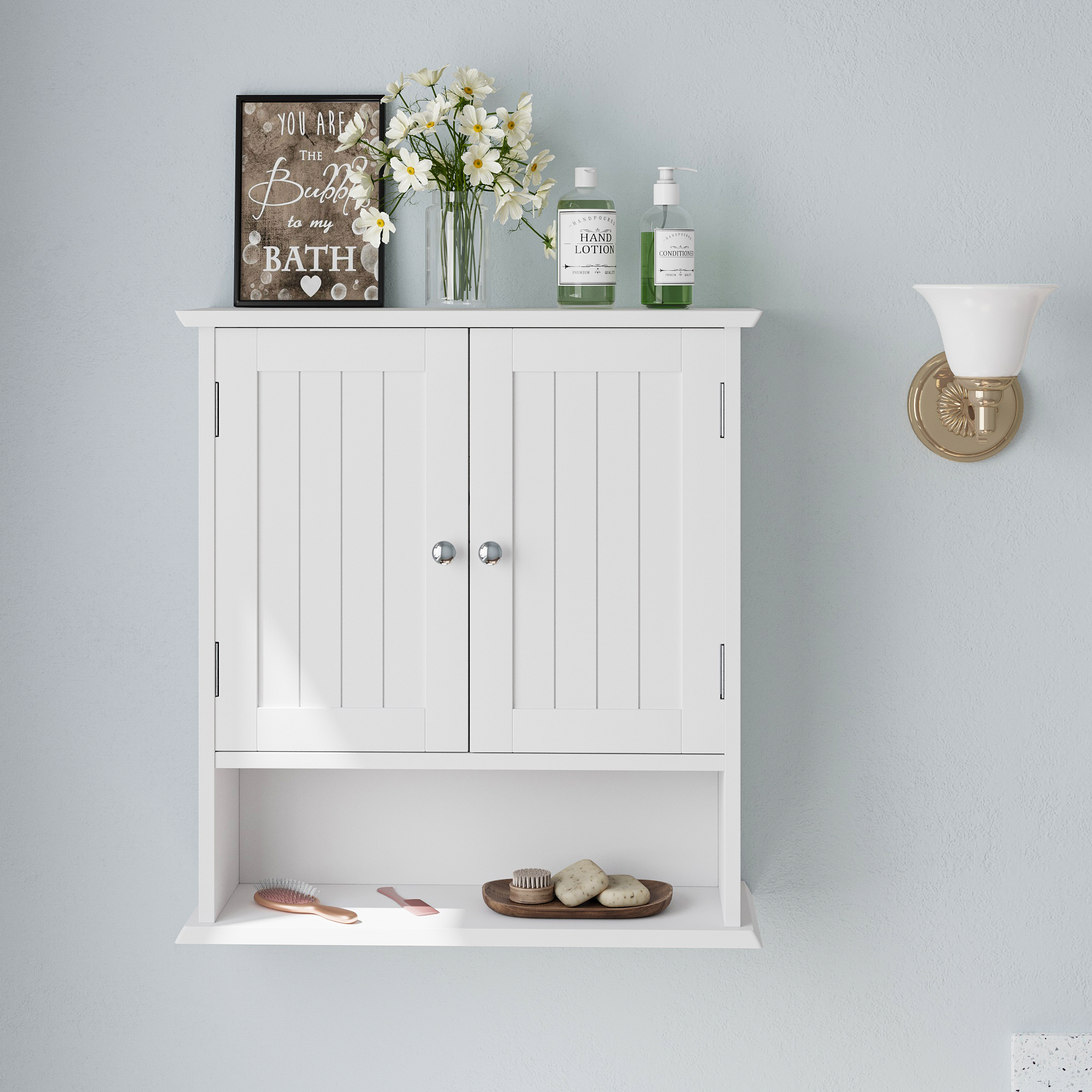Bathroom Cabinet, Wall Mounted with Double Doors & Adjustable Shelves, White