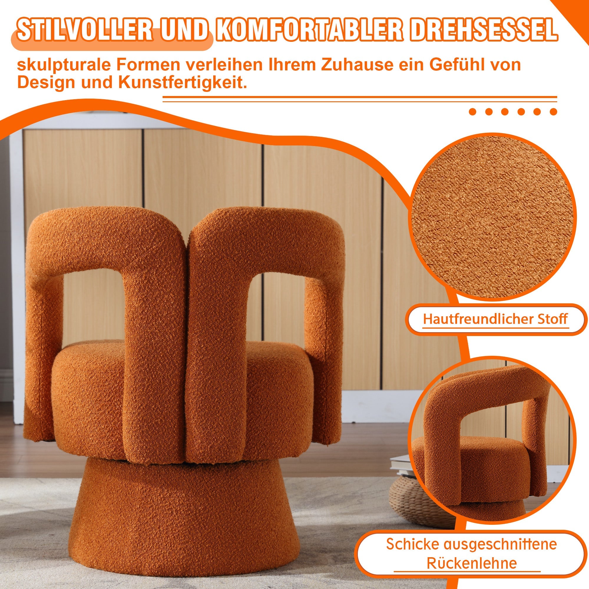 360 Degree Rotating Snuggle Barrel Accent Chair, Round with Wide Cushions, Fluffy Fabric