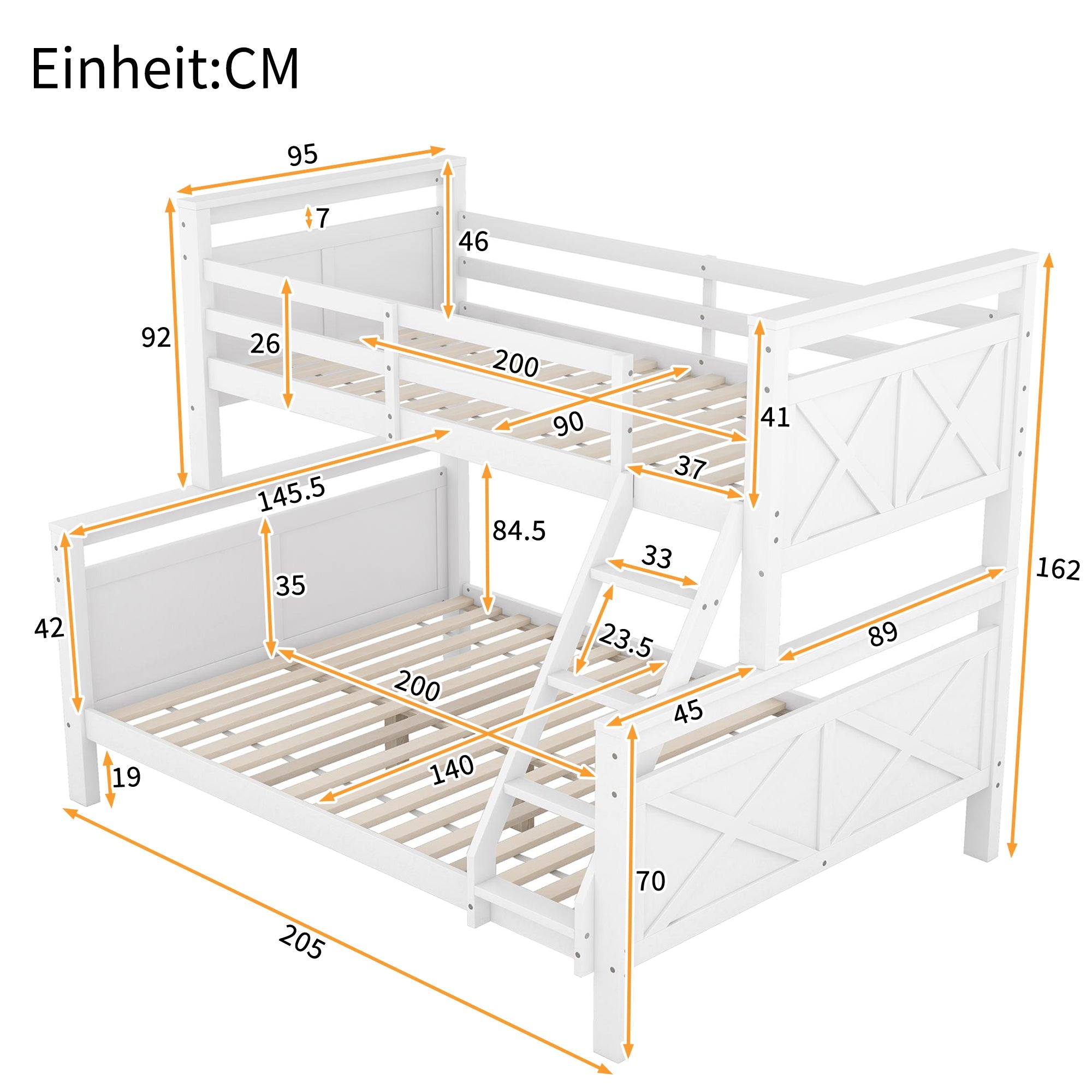 Bunk Bed Convertible to 2 Separate Beds Ladder Railing 90(140)x200cm - White Wood