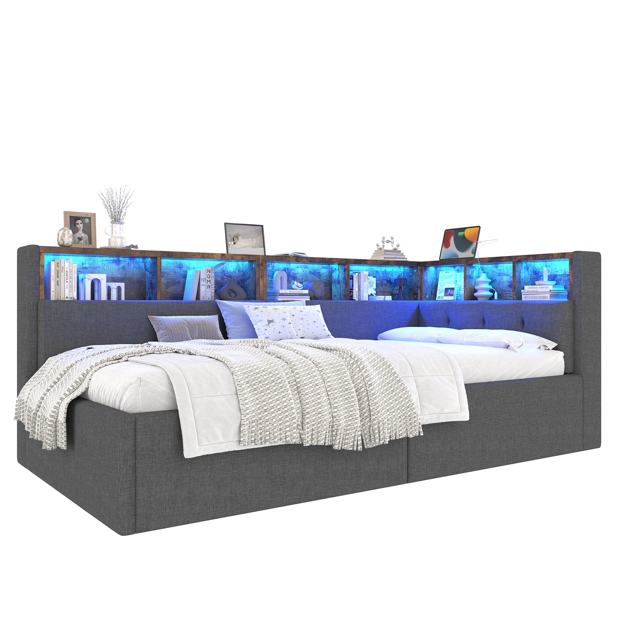 Daybed 90x200cm Hydraulic Storage LED USB/Type-C - Linen Grey