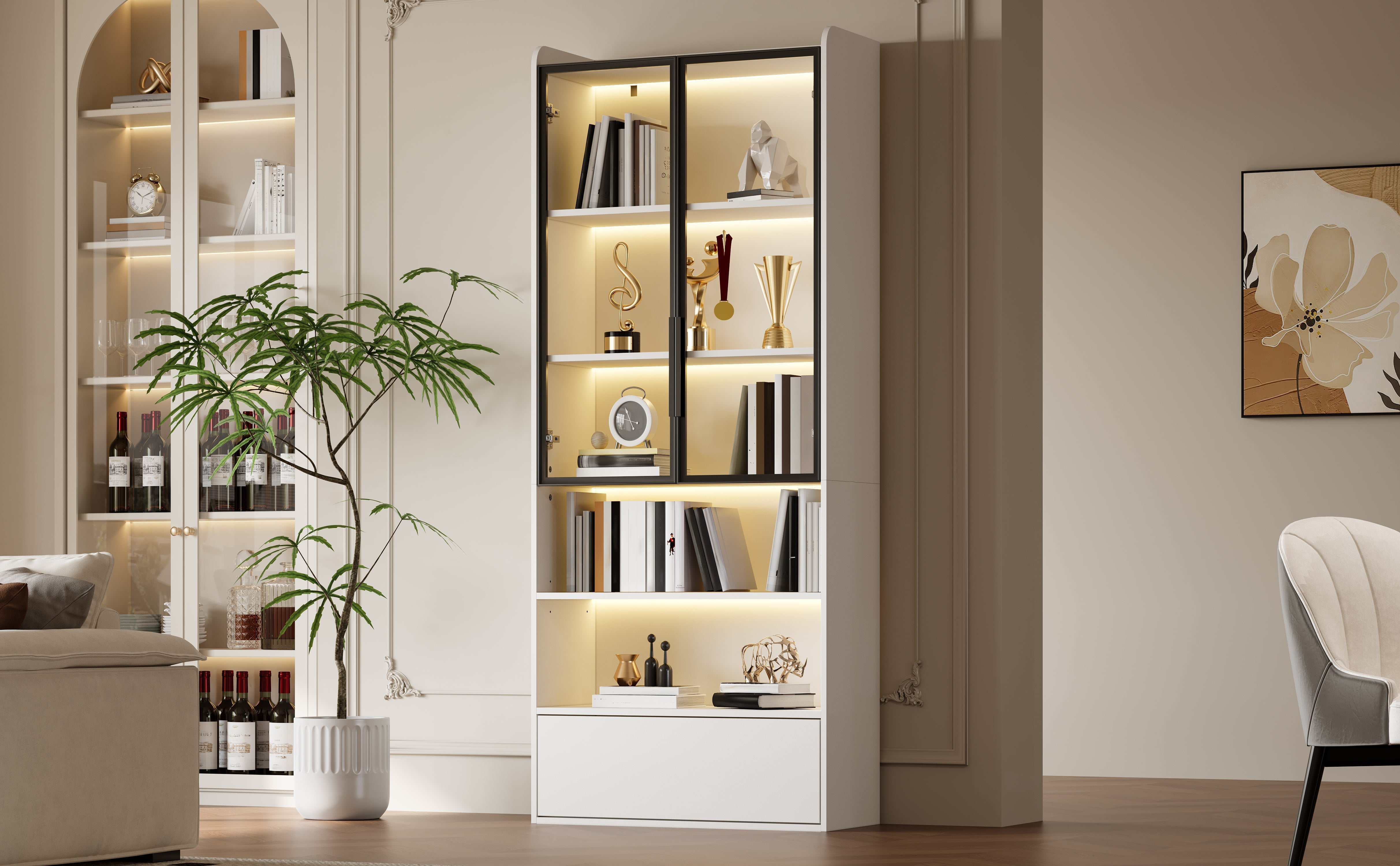 Display Cabinet 80x34x180cm Tall with 1 Drawer Glass Doors LED Lighting White