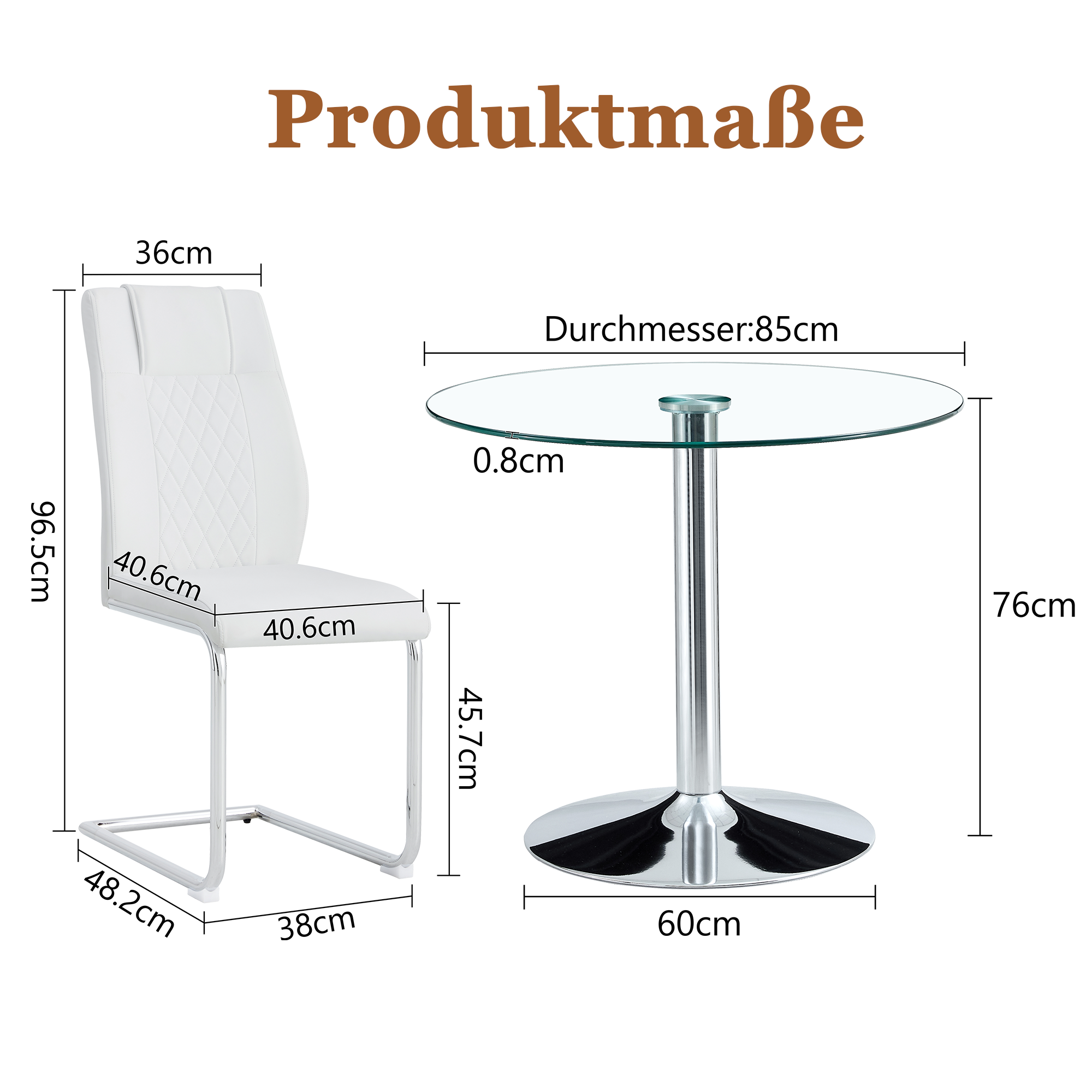 Dining Set - Minimalist Glass Table 85cm with 4 Chairs Metal Legs - White PU
