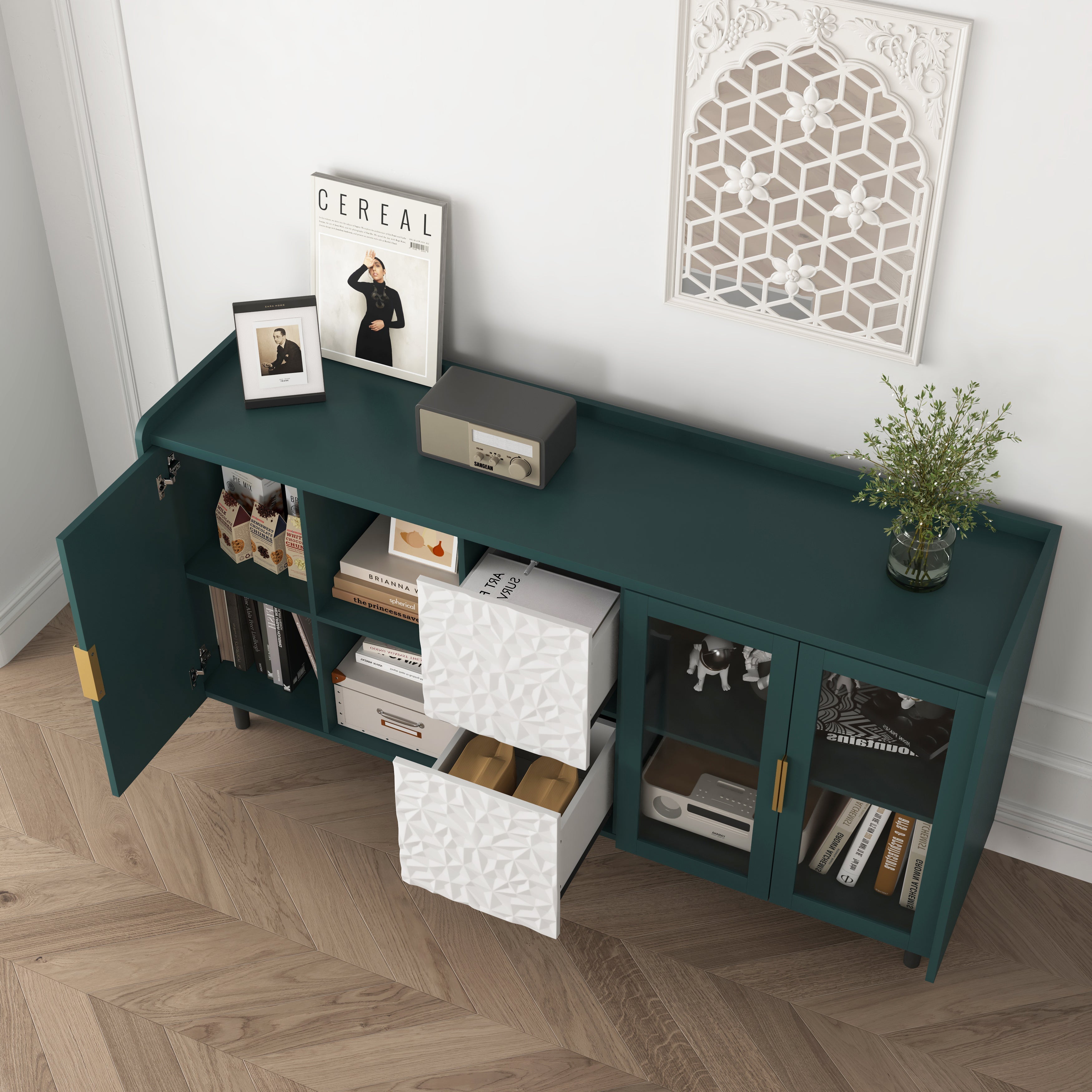 Modern Pantry Cabinet 55-inch with 2 Drawers 2 Glass Doors & Shelves - Green