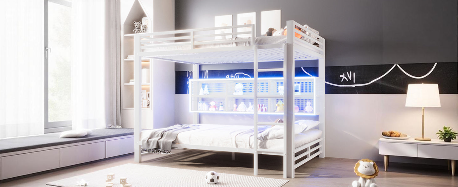 140x200 Bunk Bed with Storage Cabinets and LED Light, White