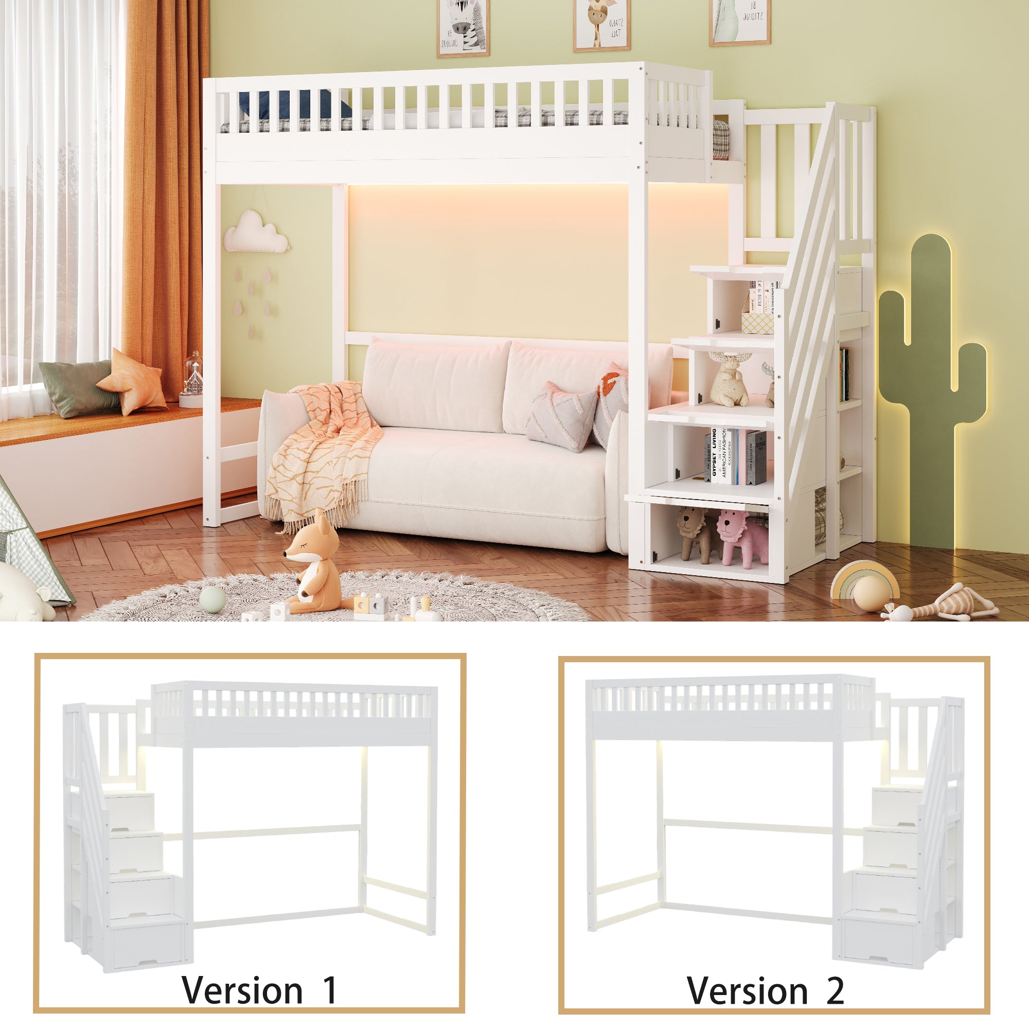 Loft Bed with LED Light Strip and Interchangeable Safety Ladders, 90x200cm, White Solid Pine Wood