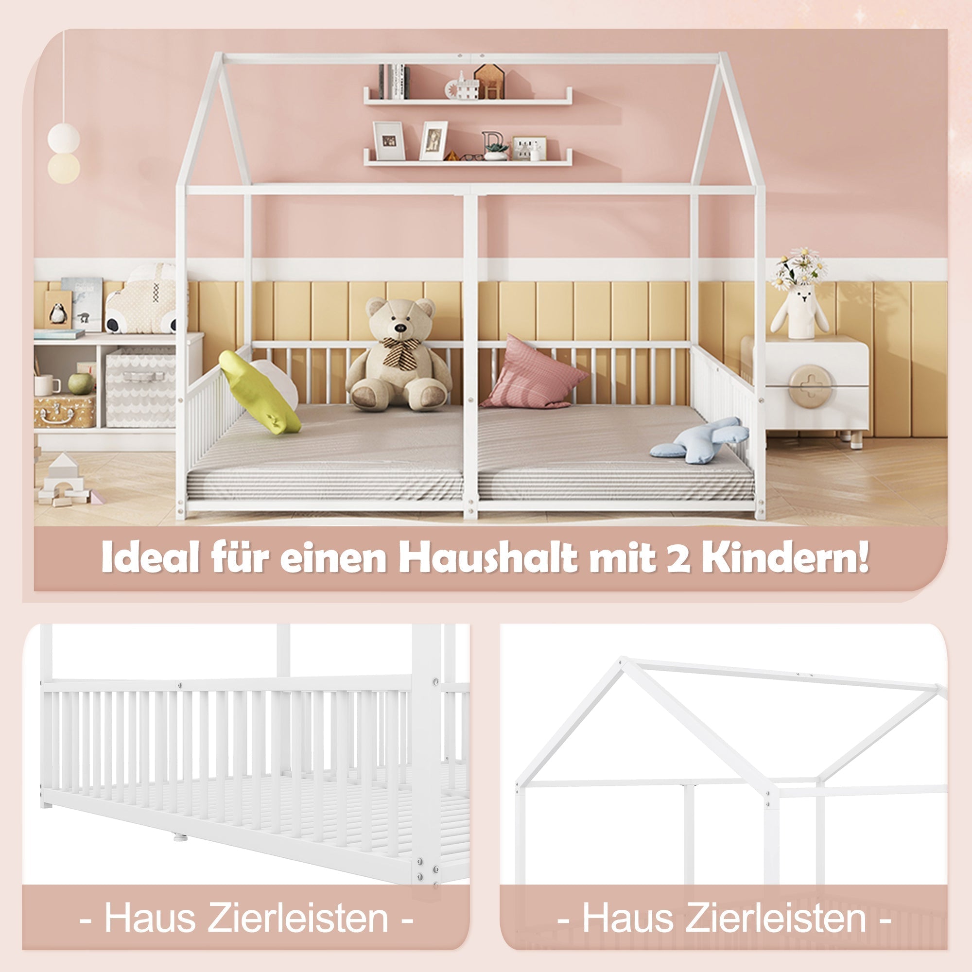 Metal Children's Bed 90x200cm House Design Railing Ladder - White