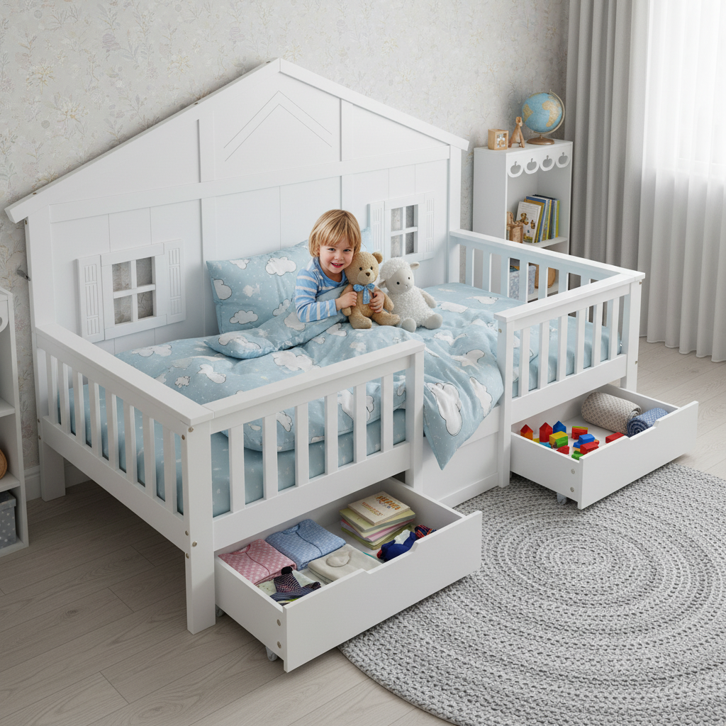 Wooden Bed with Two Drawers, Windows, and Roof, 90x200cm, White Pine + MDF + Plywood