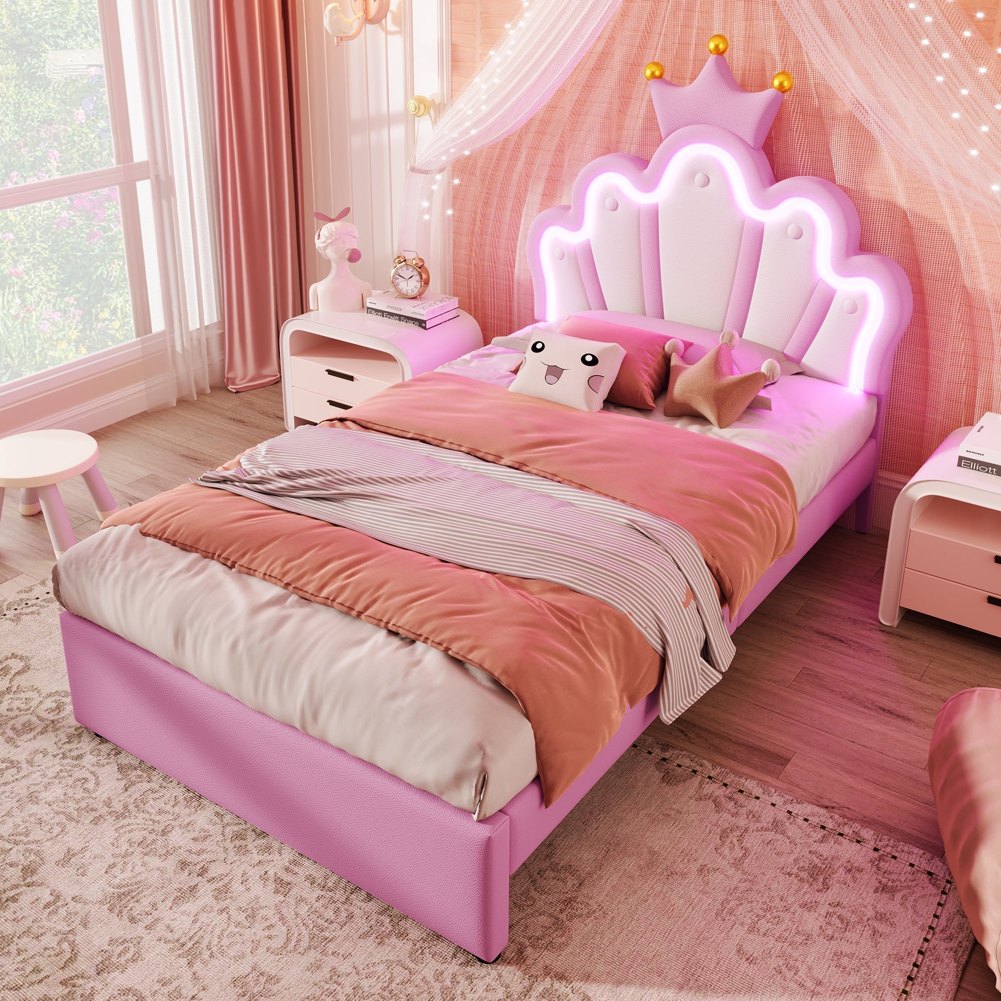 Upholstered Bed 90x200cm Crown Headboard Ambient Light 2 Drawers - Pink PU