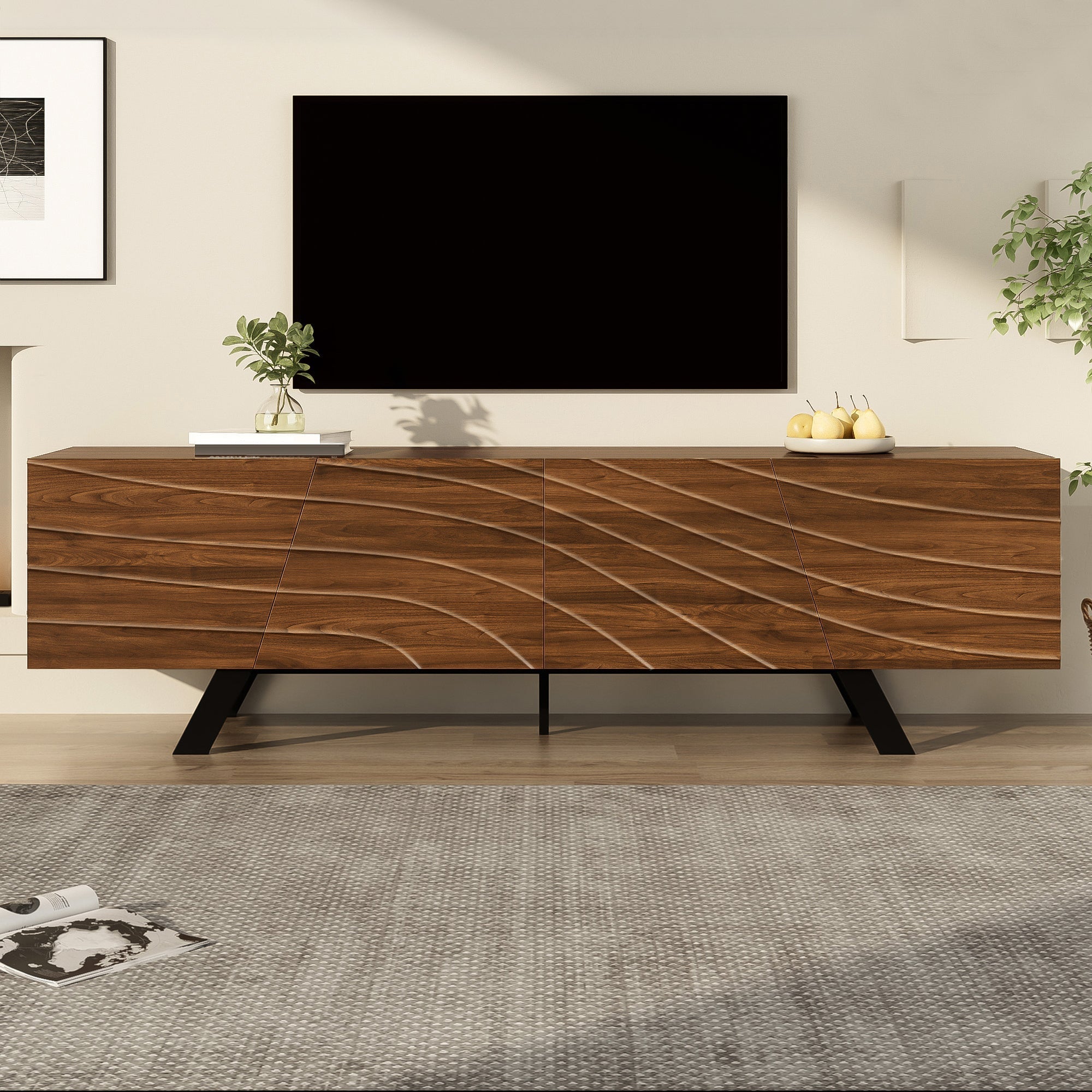 TV Cabinet Lowboard Modern Wave Front 160cm Large Storage Walnut/Black