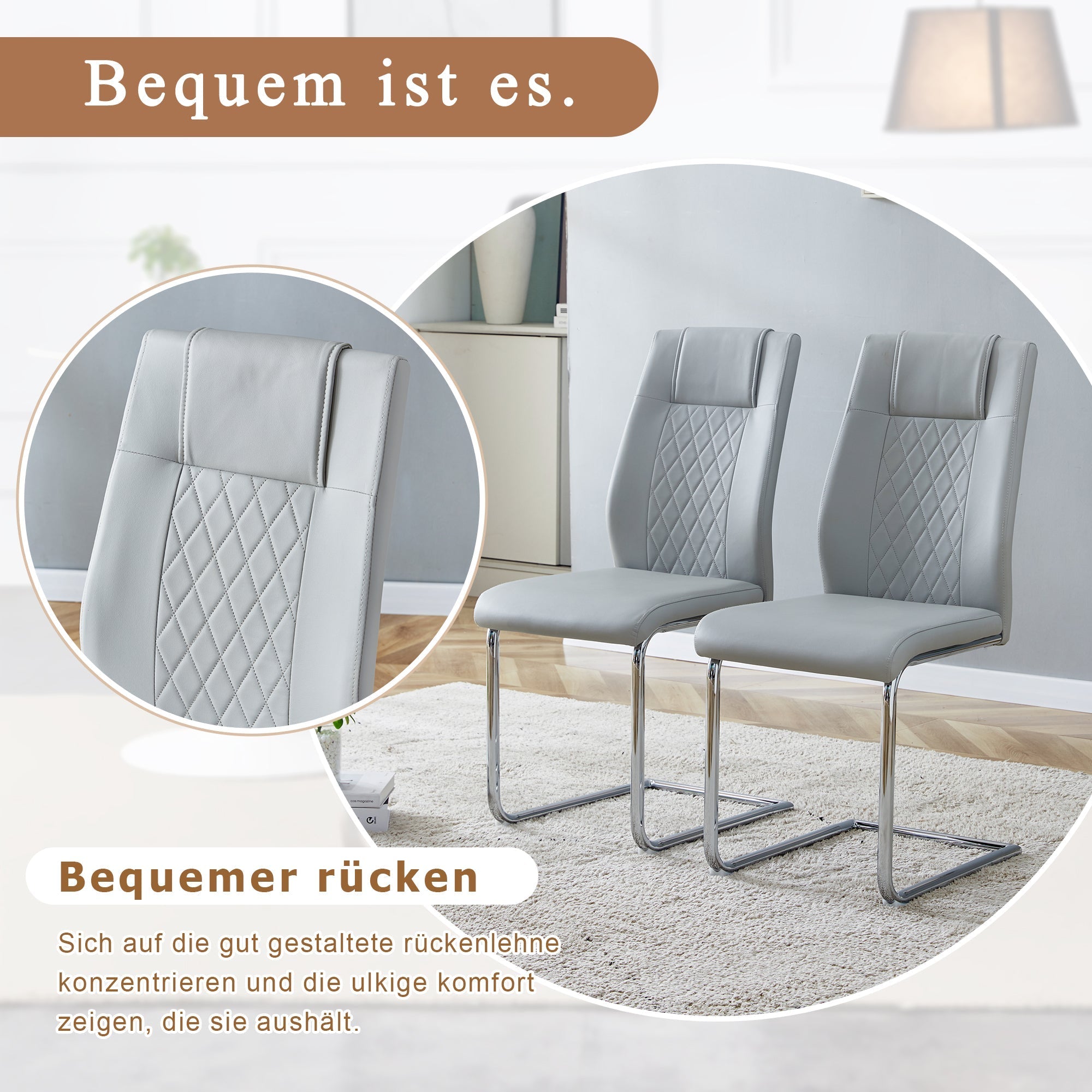 Scandinavian Dining Chairs Set of 4 Mesh Back Silver Metal Legs - Light Grey PU Leather