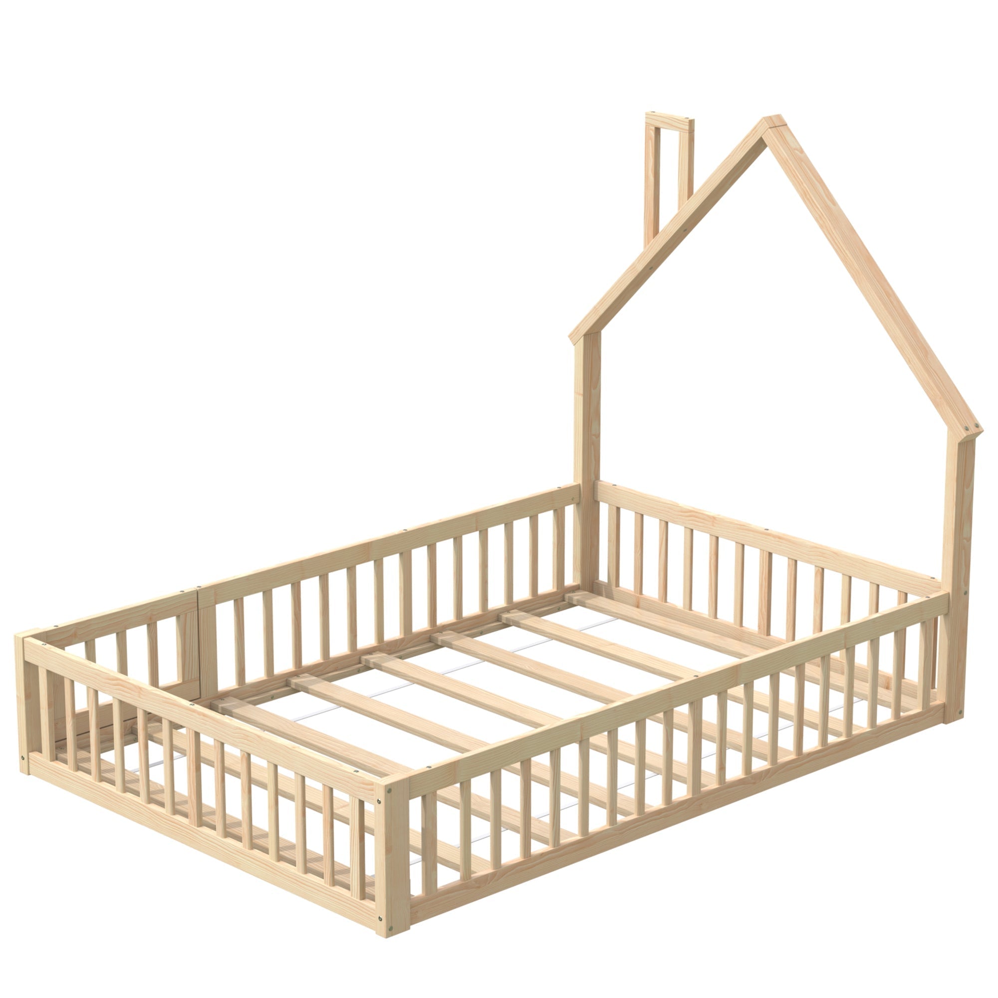 House Bed 140x200cm Chimney Shape Slatted Base Pine Wood Natural
