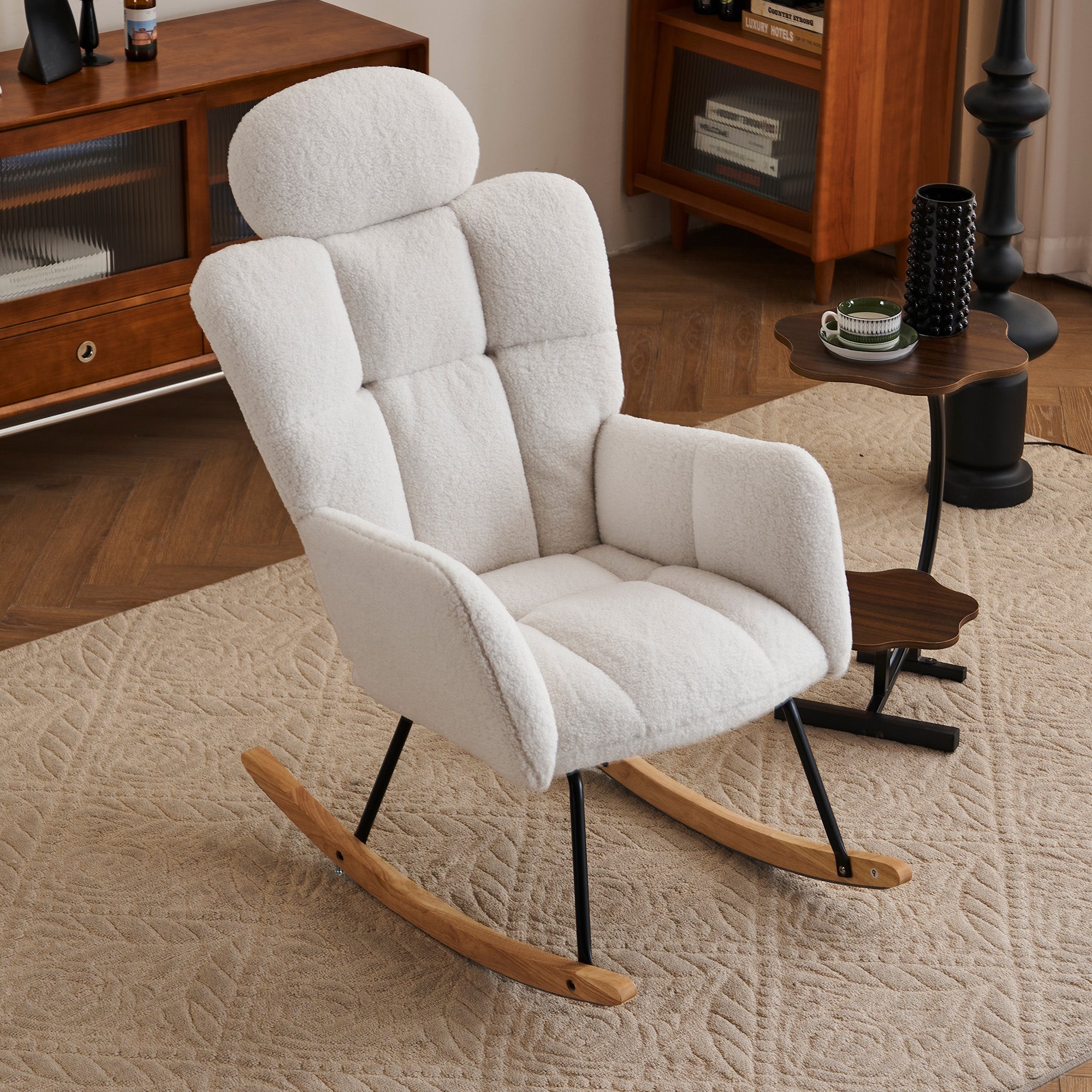 055 Rocking Chair, Tufted Upholstered Seat, White