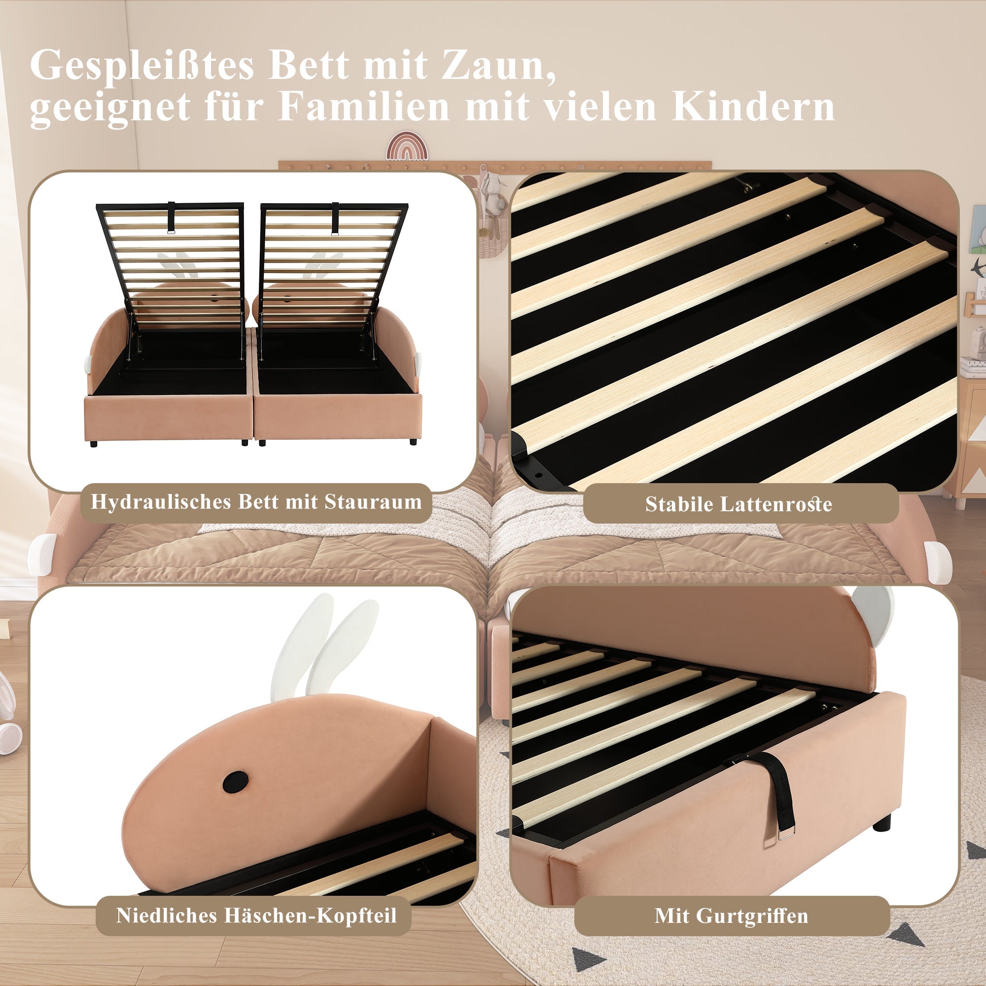 Upholstered Bed, Children's Hydraulic with Bunny Headboard & Storage, Velvet Pink+White
