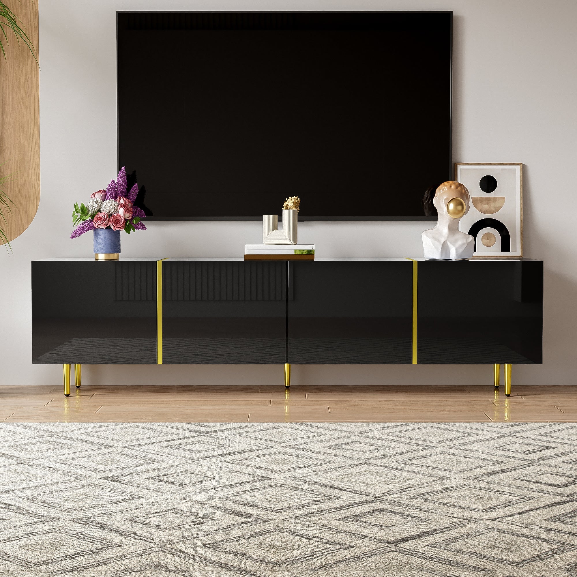 TV Cabinet, Modern 4-Door, High-Gloss Black and Gold