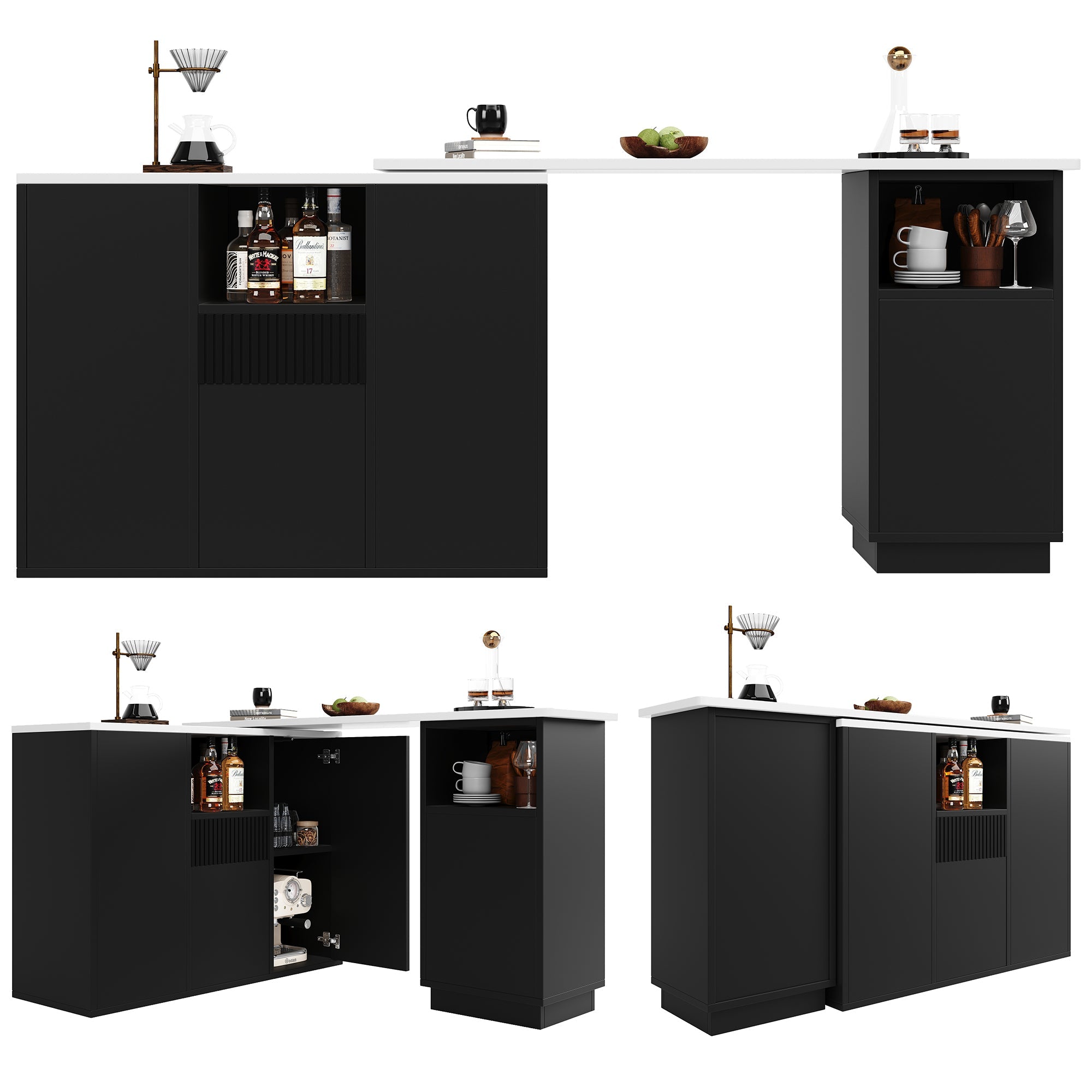 Bar Table 360° Rotating, Open Storage, Multifunctional Island, Black/Marble