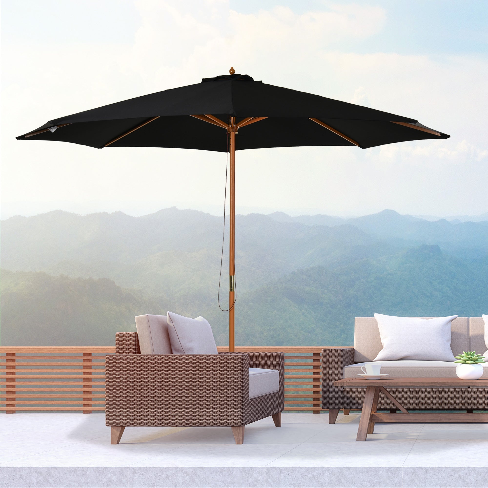 Wooden Parasol 300 cm Garden Balcony Bamboo Black