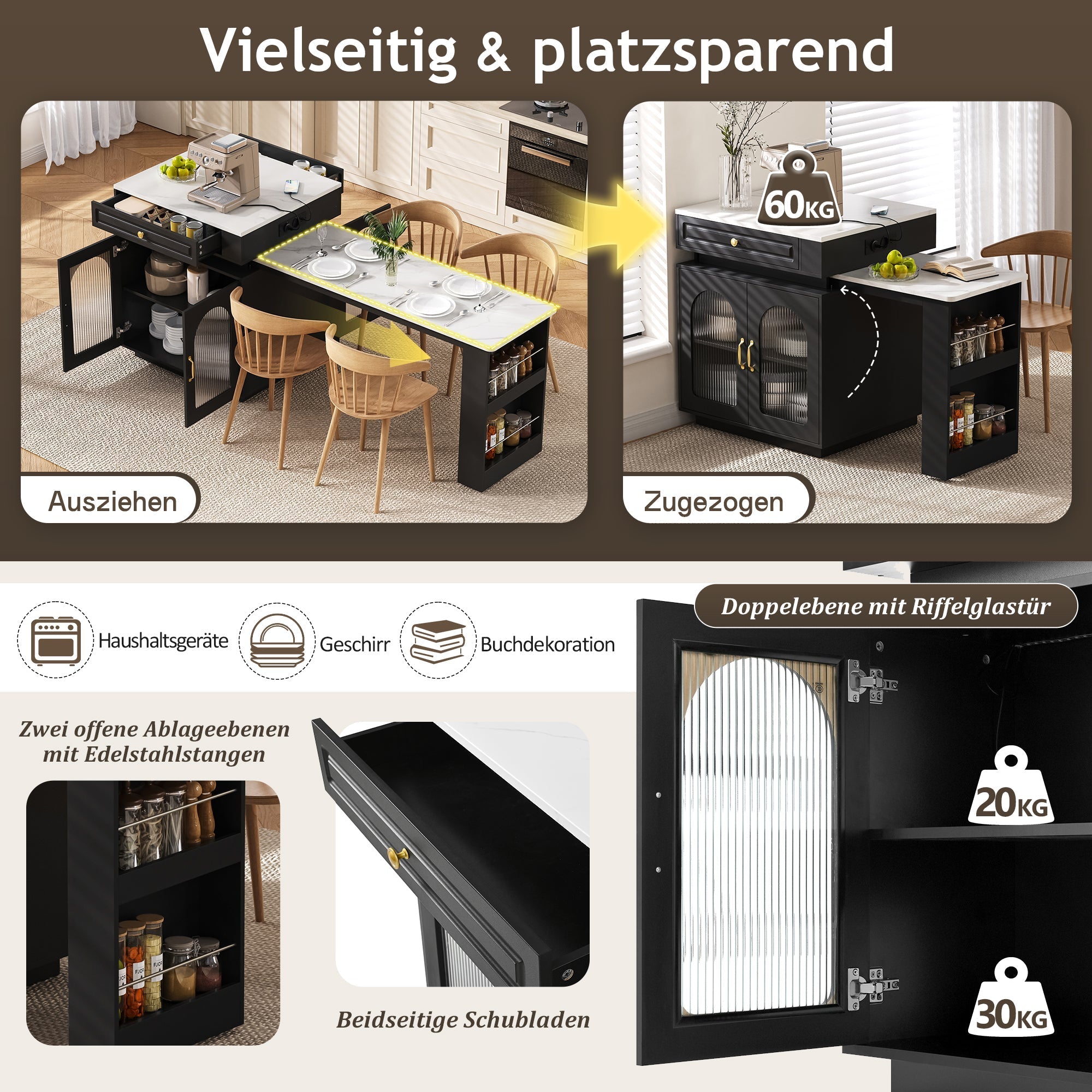 Kitchen Island Extendable Dining Table with Wheels LED Power Strips Black