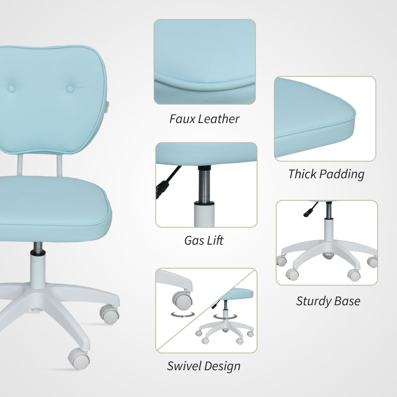 Vanity Office Chair, Adjustable Height Armless Swivel Computer Chair, PU Leather Blue